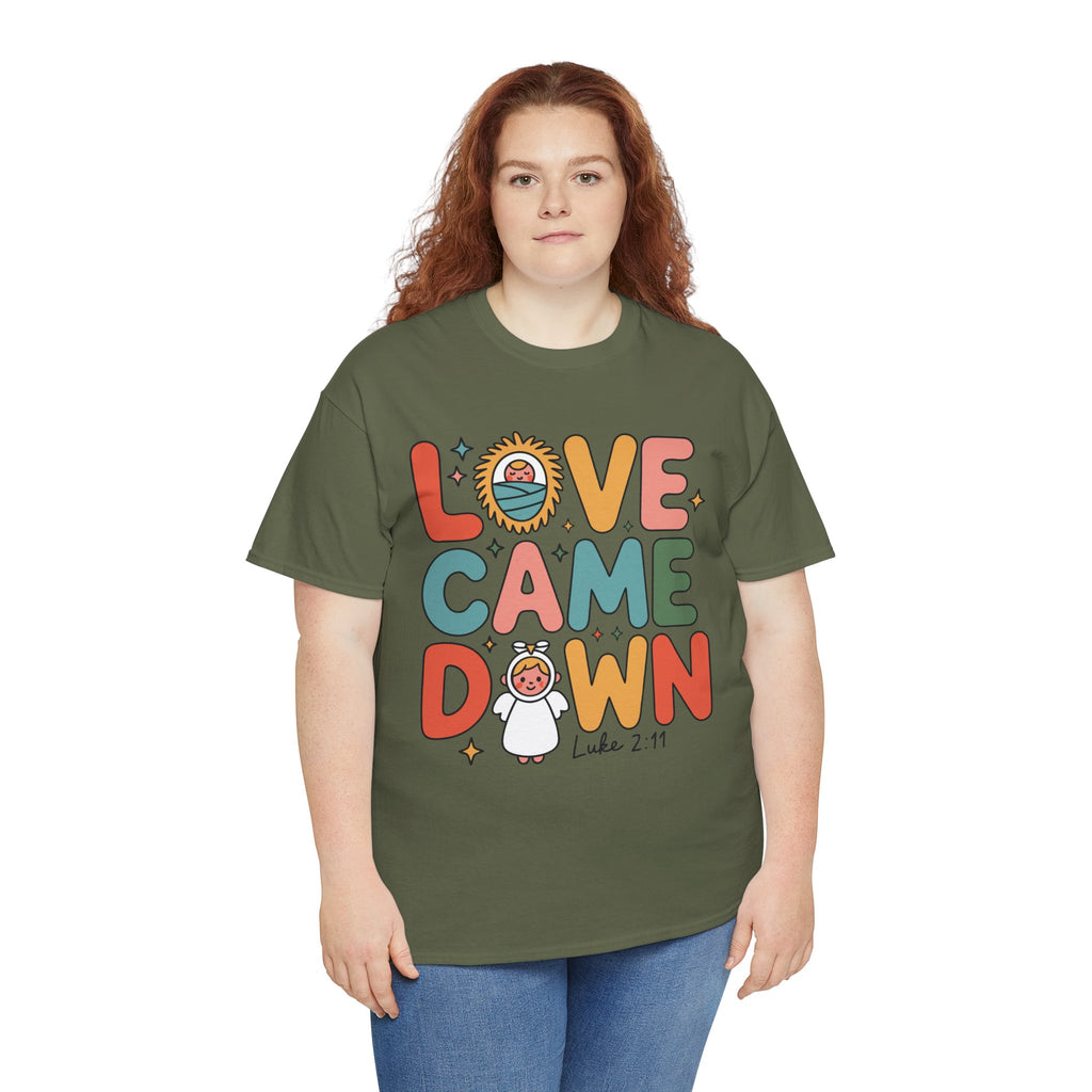 Love Came Down Christmas Tee — Baby Jesus Manger Angel (Luke 2:11)..Unisex Cotton Tee