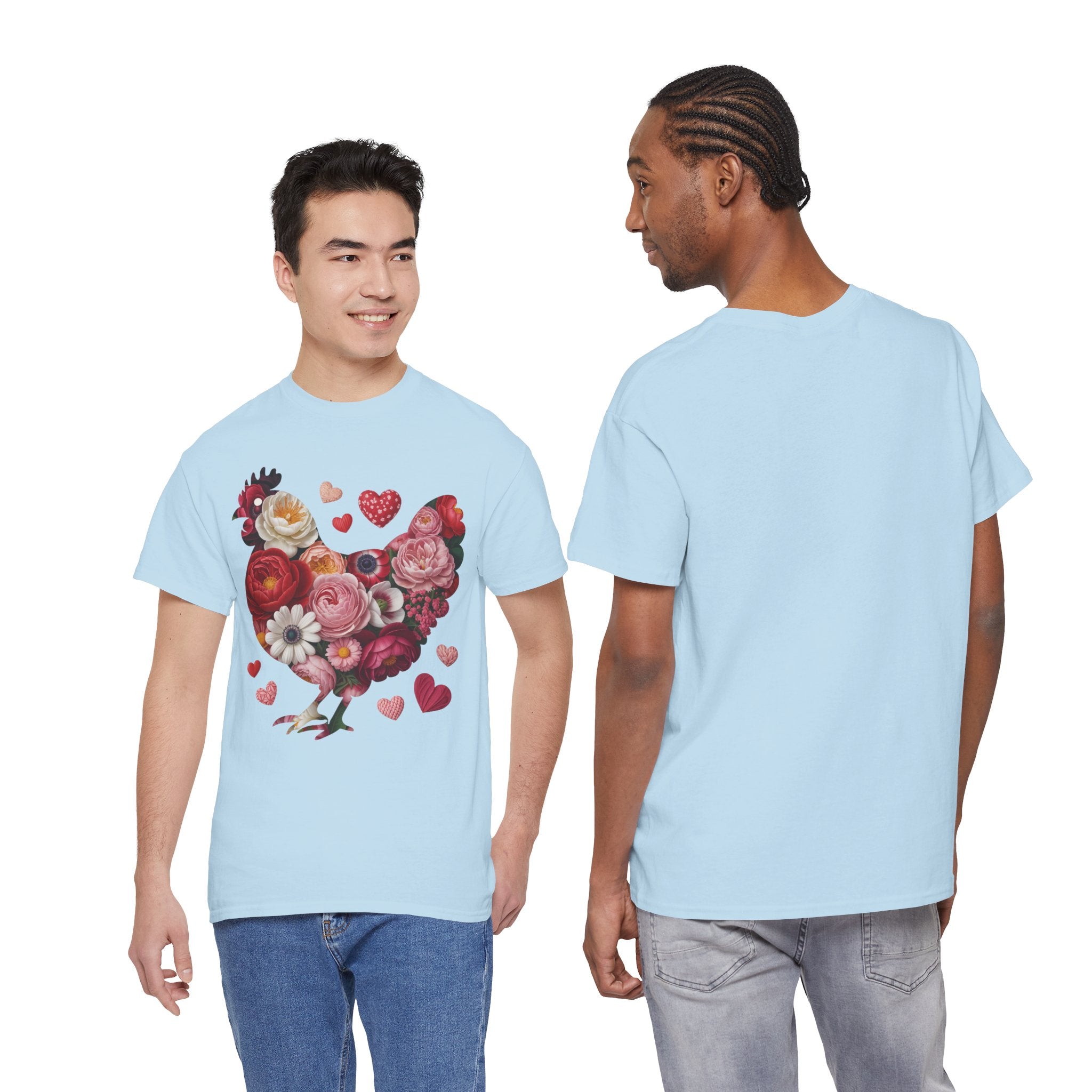Floral Chicken Heart Tee — Red & Pink Flower Silhouette Unisex Cotton Tee