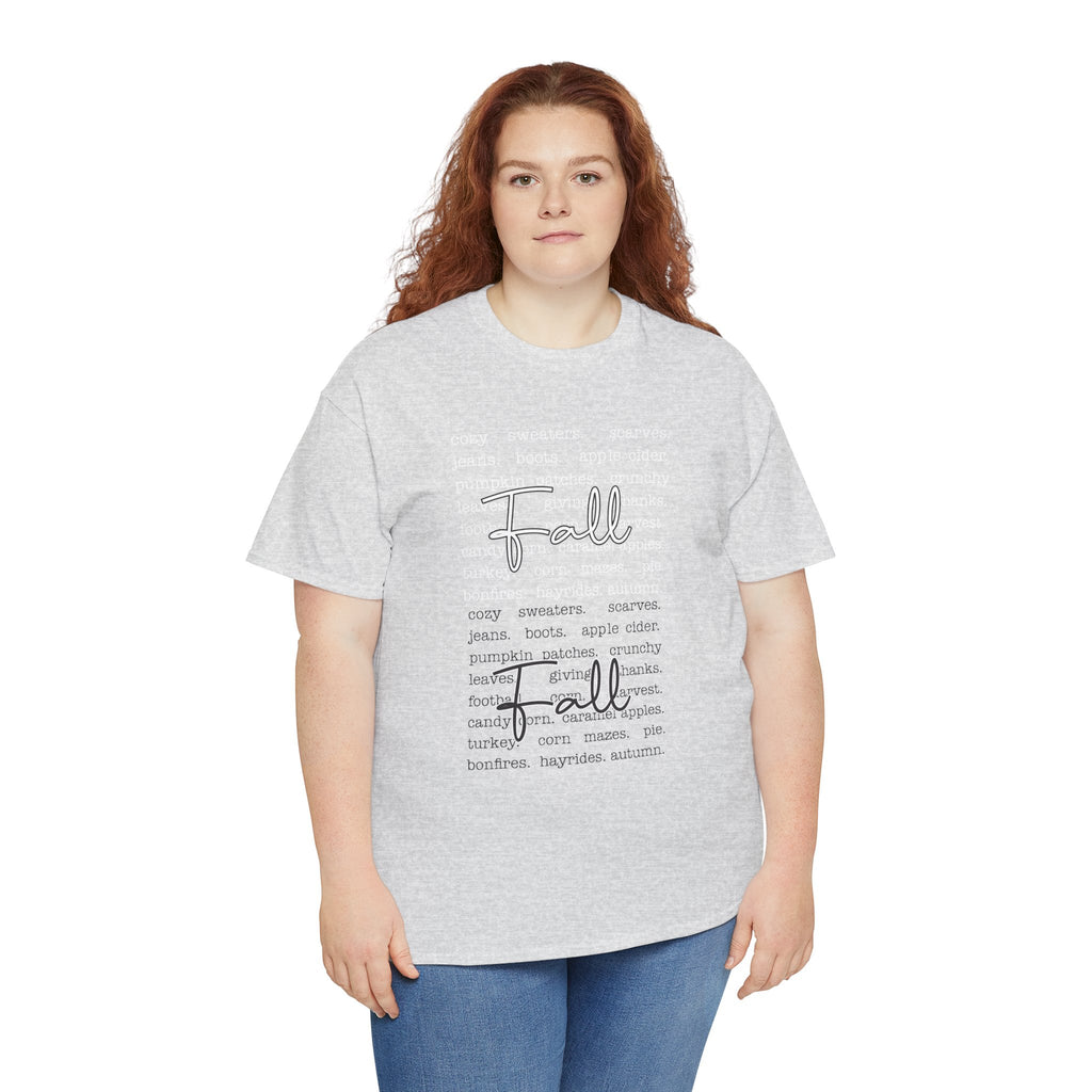 Fall Cursive Typography T-Shirt — Sweaters, Cider & Pumpkins. Unisex Cotton Tee