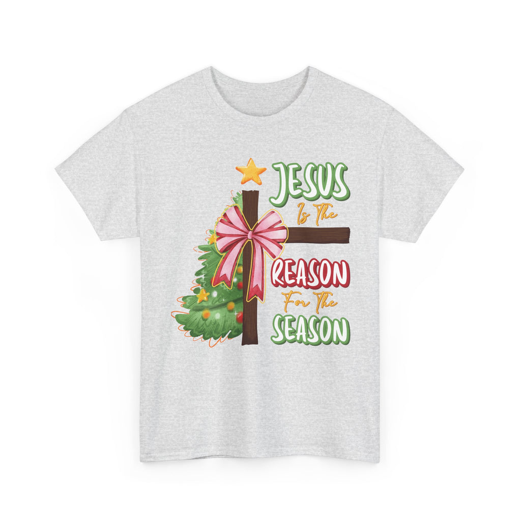 Jesus Is the Reason for the Season Christmas Tee — Cross with Pink Bow & Tree. Unisex Cotton Tee