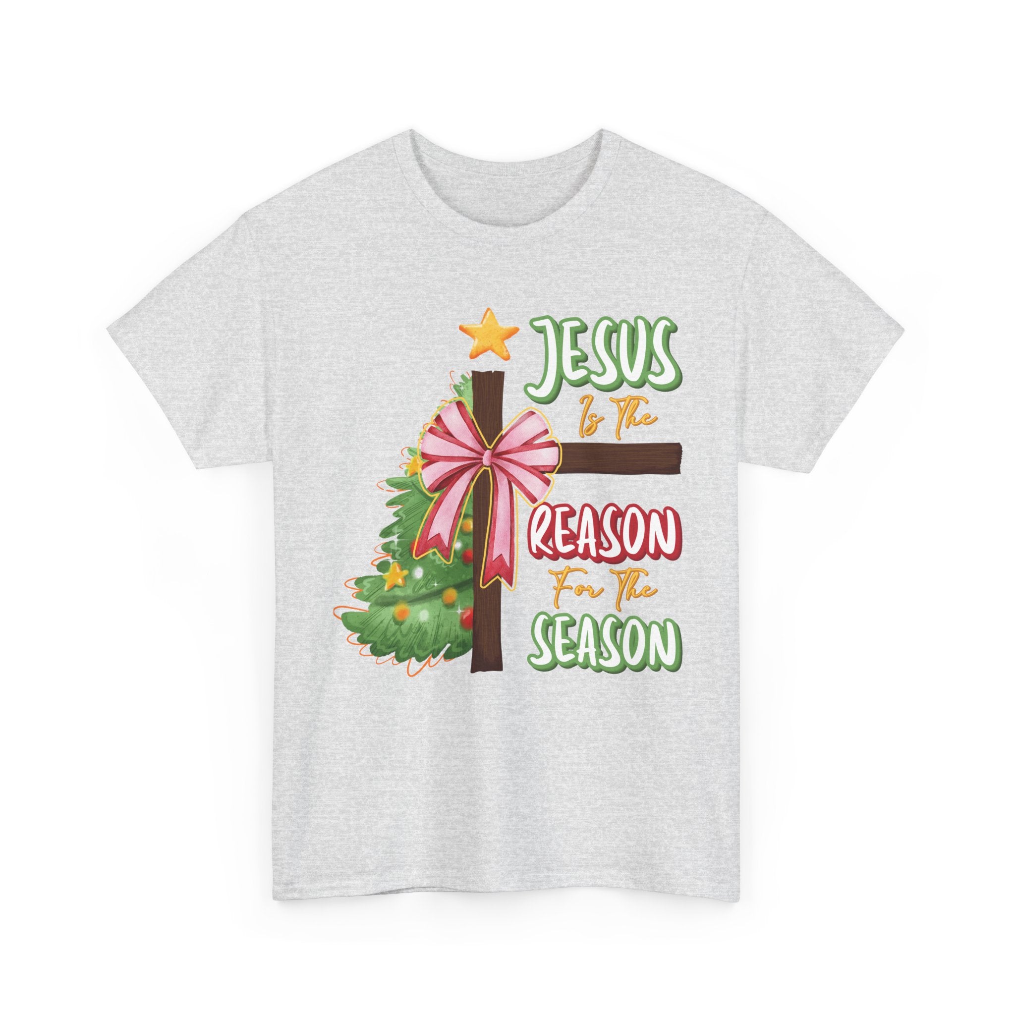 Jesus Is the Reason for the Season Christmas Tee — Cross with Pink Bow & Tree. Unisex Cotton Tee