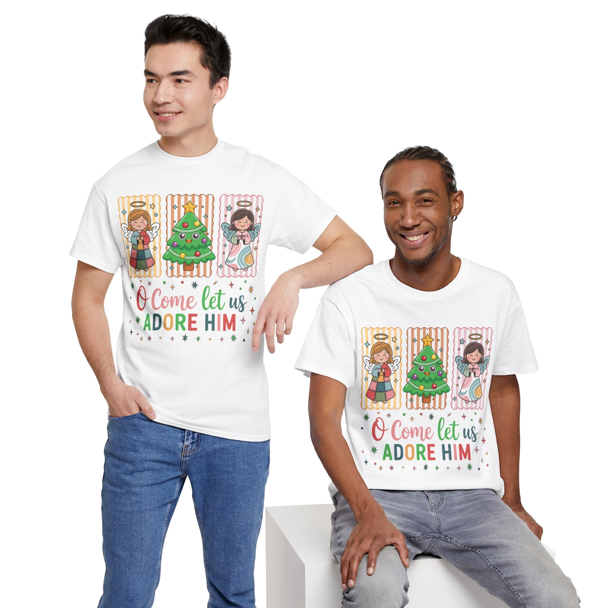 O Come Let Us Adore Him Christmas Tee — Smiling Angels & Happy Tree..Unisex Cotton Tee