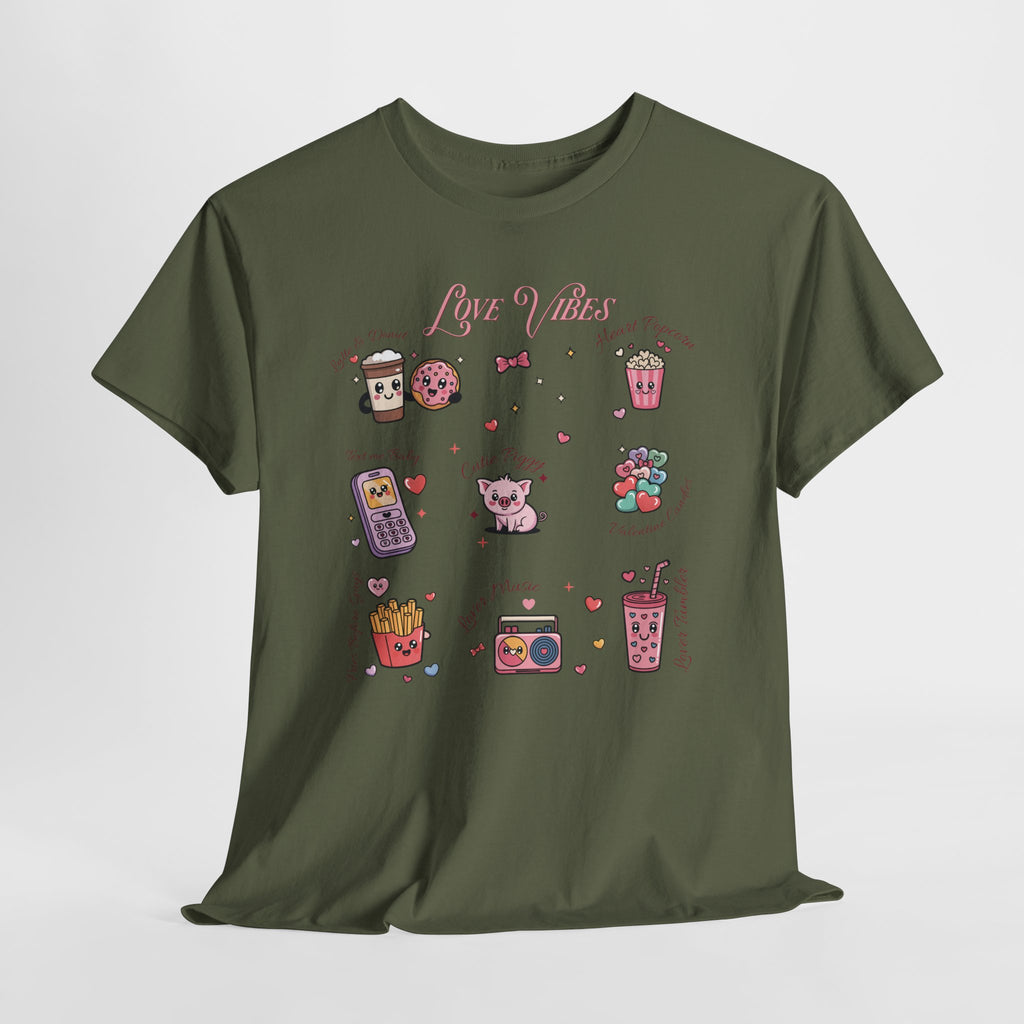 Love Vibes Kawaii Valentine T-Shirt — Cute Donut, Coffee & Piglet Design Unisex Cotton Tee