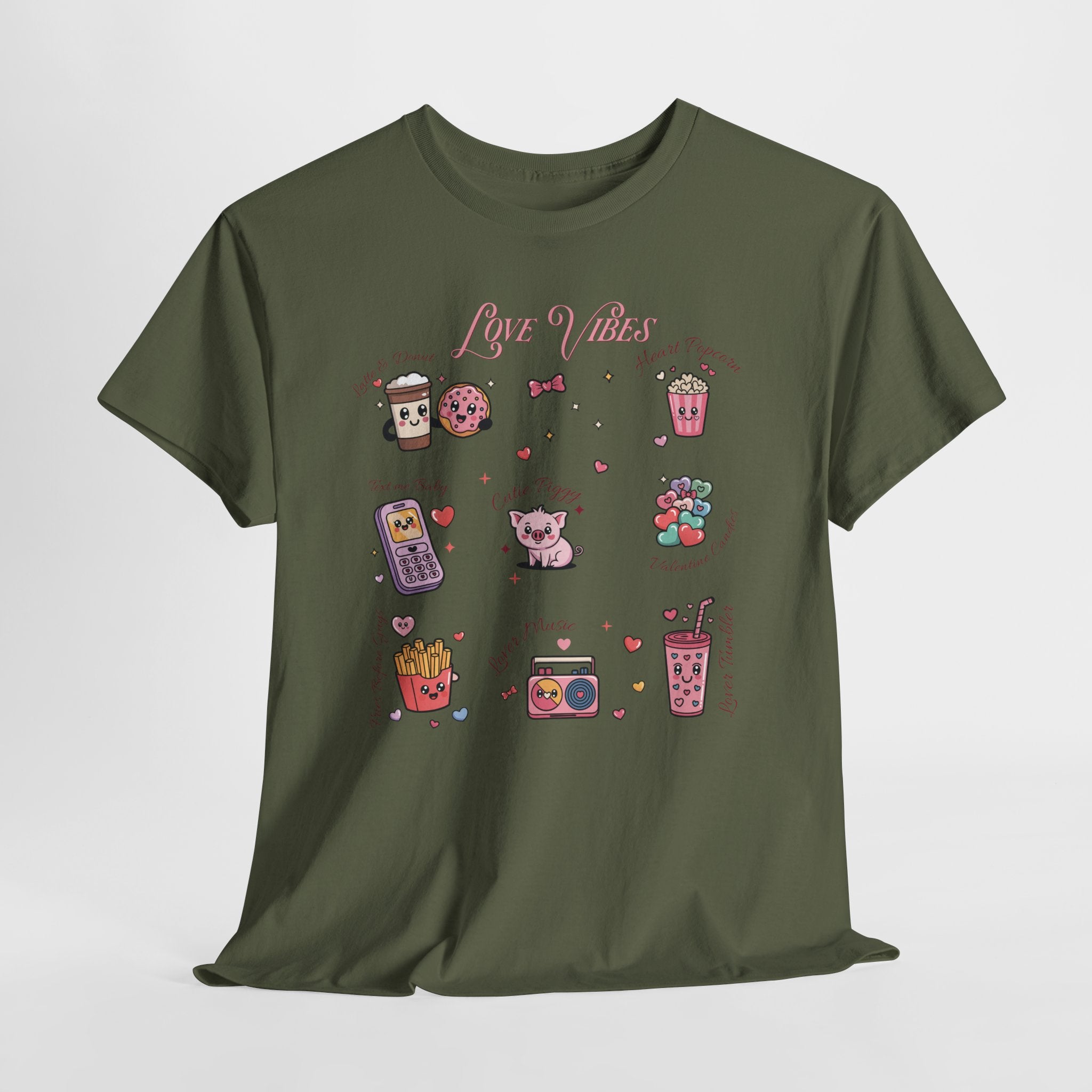 Love Vibes Kawaii Valentine T-Shirt — Cute Donut, Coffee & Piglet Design Unisex Cotton Tee