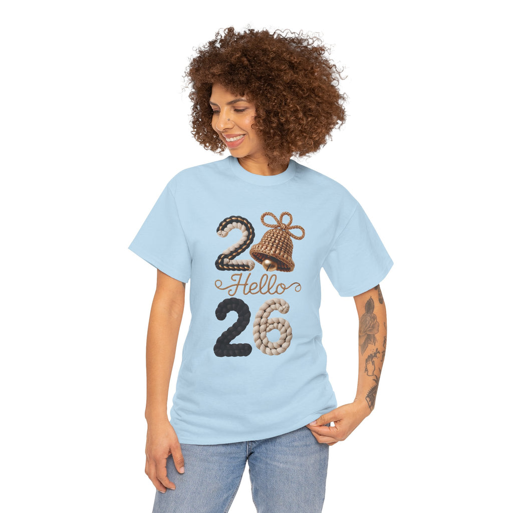Hello 2026 Tee — Cozy Faux Yarn Braided Numbers with Woven Golden Bell..Unisex Cotton Tee