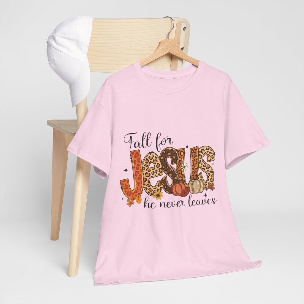 JESUS Leopard Print Fall T-Shirt — Pumpkins, Leaves & Floral Christian Unisex Cotton Tee