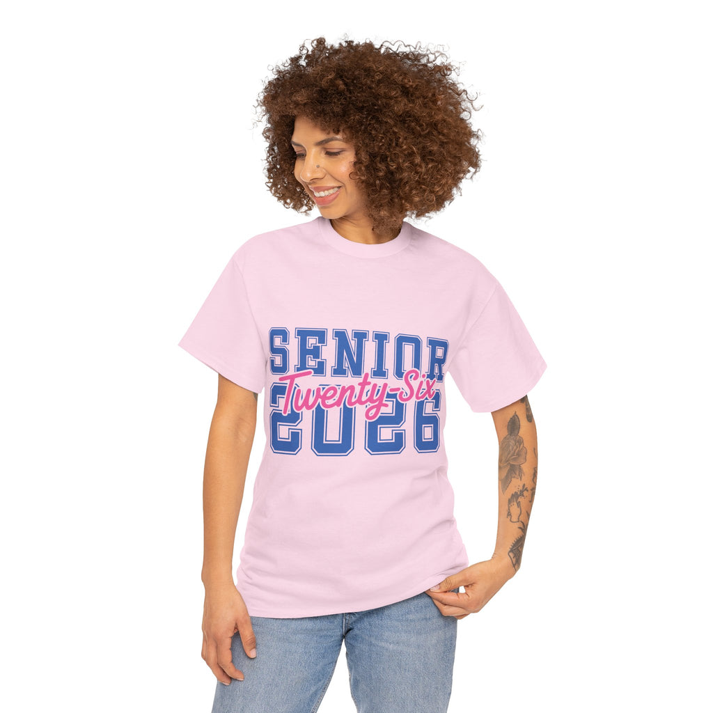 Senior 2026 Tee — Pink Varsity Block with Blue Script Overlay Unisex Cotton Tee