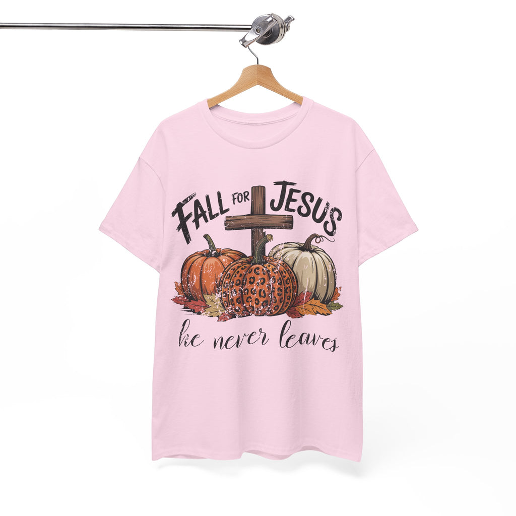 Fall for Jesus Pumpkin Cross Tee — "He Never Leaves" Autumn Christian Unisex Cotton T-Shirt