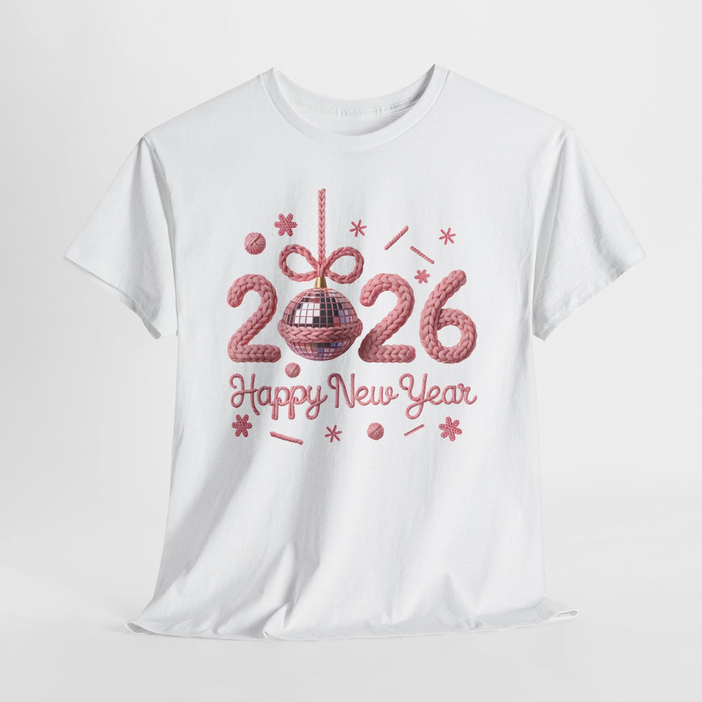 2026 Happy New Year Pink Knitted Disco Ball Unisex Cotton Tee