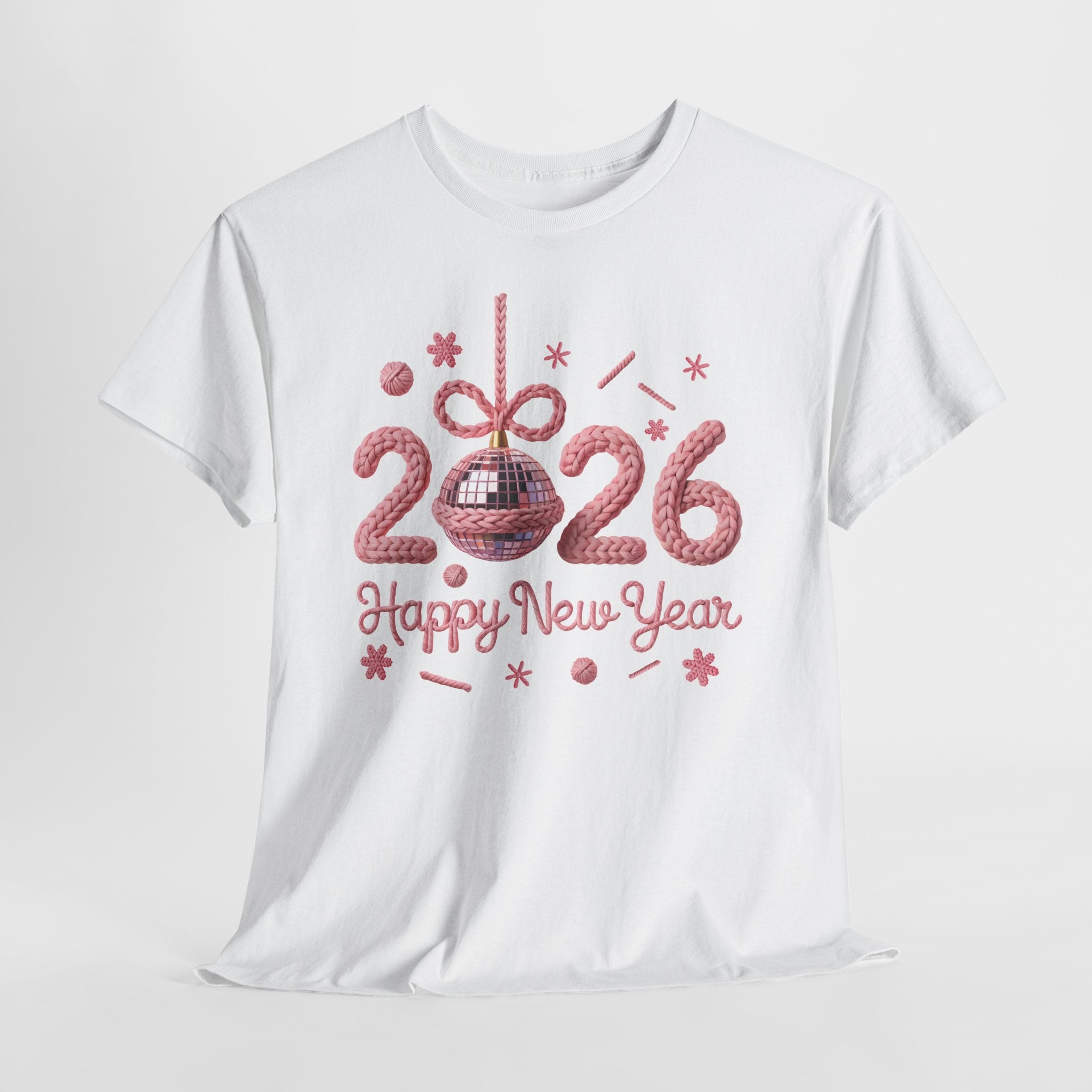 2026 Happy New Year Pink Knitted Disco Ball Unisex Cotton Tee