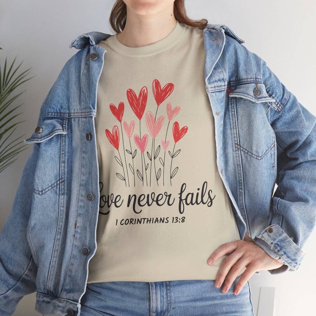 Christian Valentine T-Shirt — "Love Never Fails" (1 Corinthians 13:8) Unisex Cotton Tee