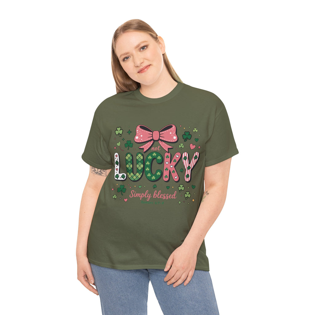 Simply Blessed Tee — “Not Lucky, Simply Blessed” with Pastel Bow, Clovers & Romans 4:7-8 Unisex Cotton Tee