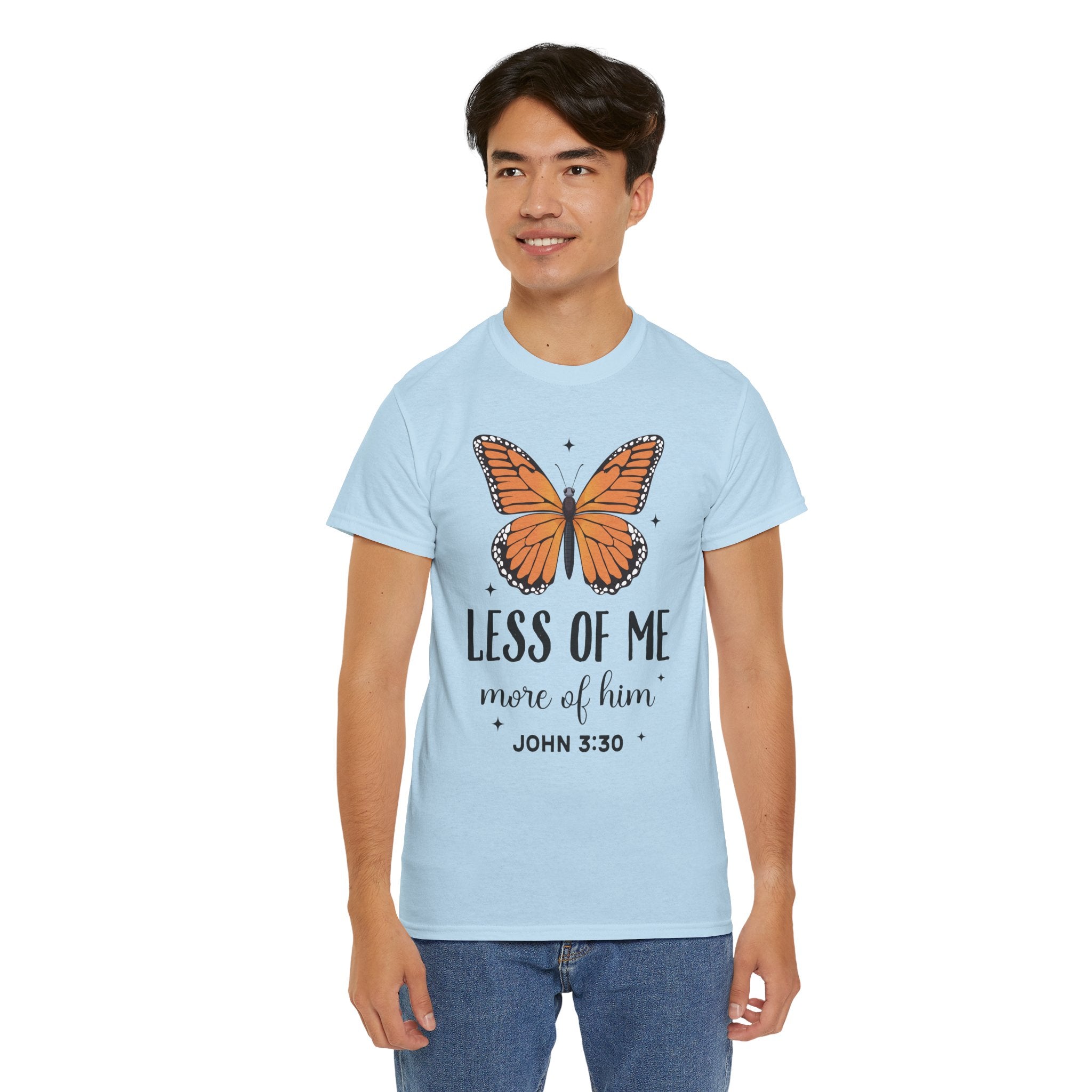 Monarch Butterfly Tee — "Less of Me, More of Him" Christian Unisex cotton T‑Shirt