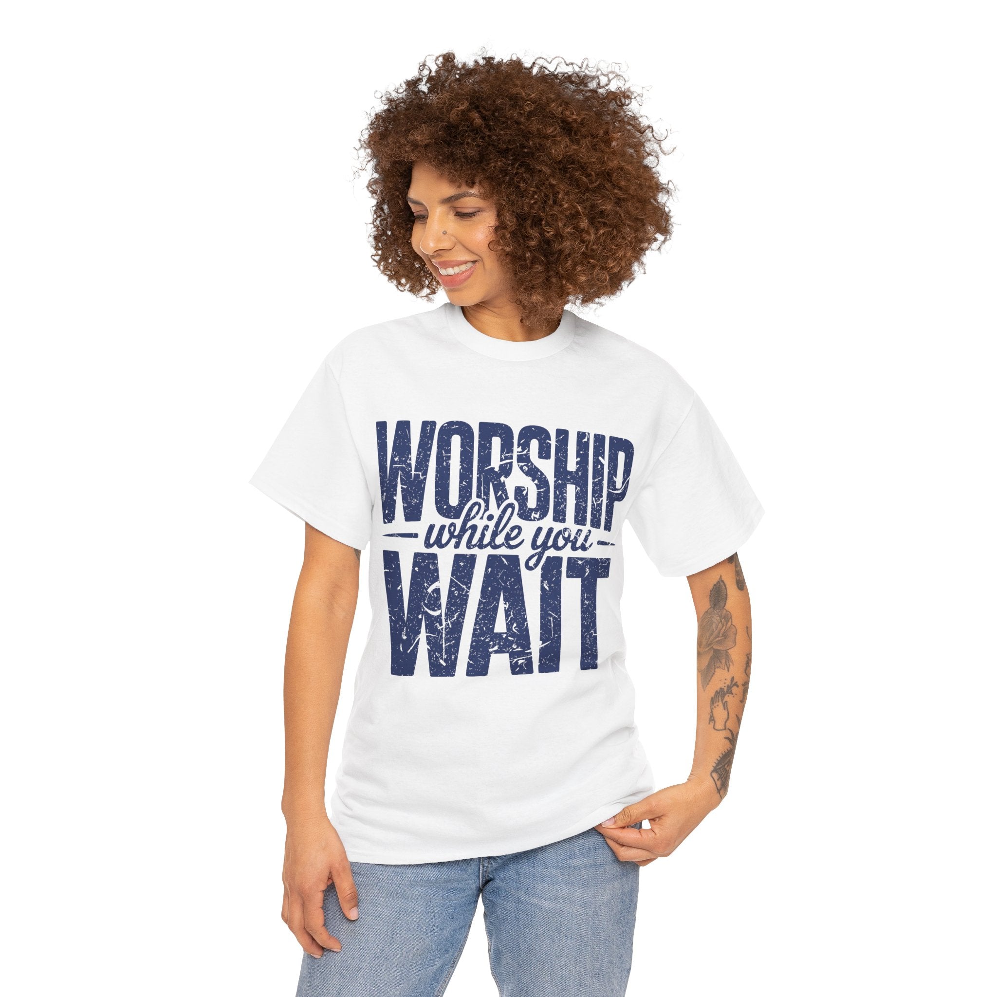 Worship While You Wait T‑Shirt — Distressed Pastel Blue Faith Unisex Cotton Tee