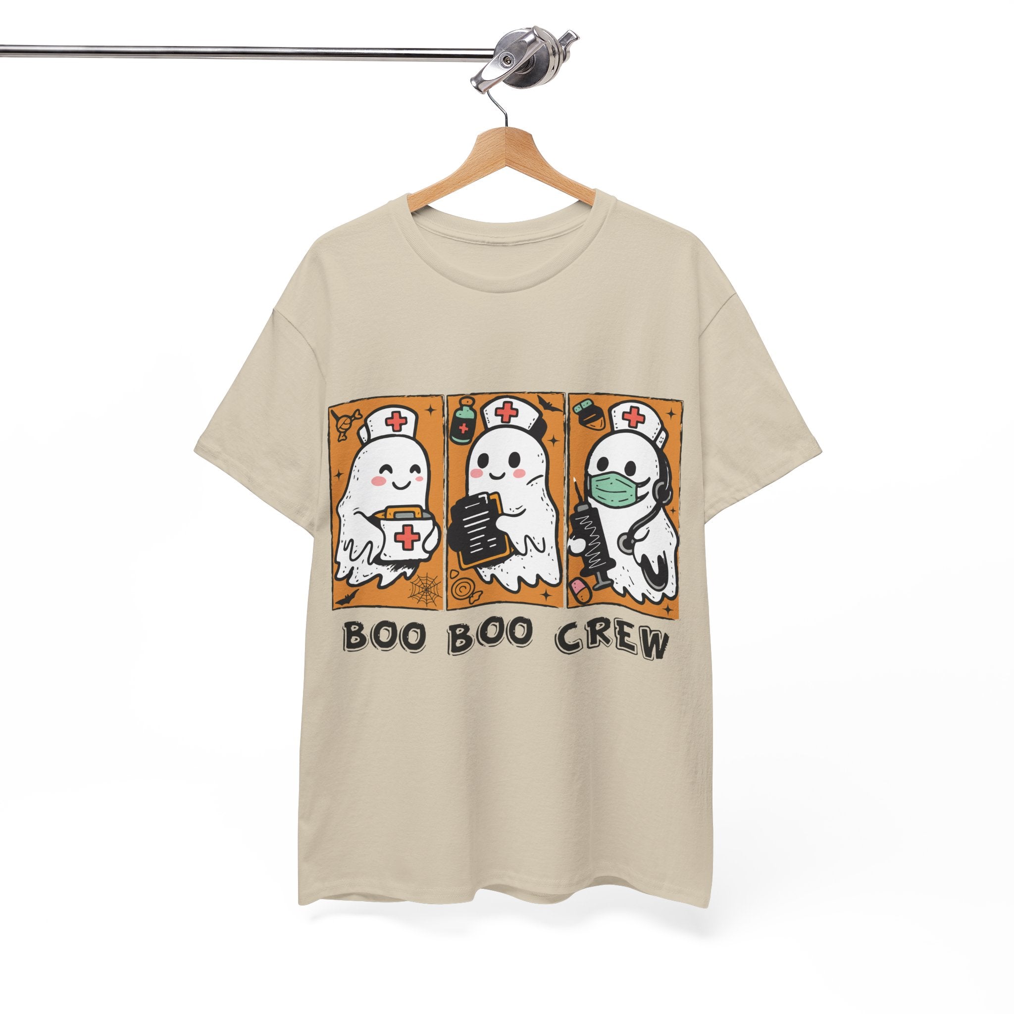 Halloween Nurse T-Shirt — Ghost Nurses Holding Medical Tools on Orange Unisec Cotton Tee