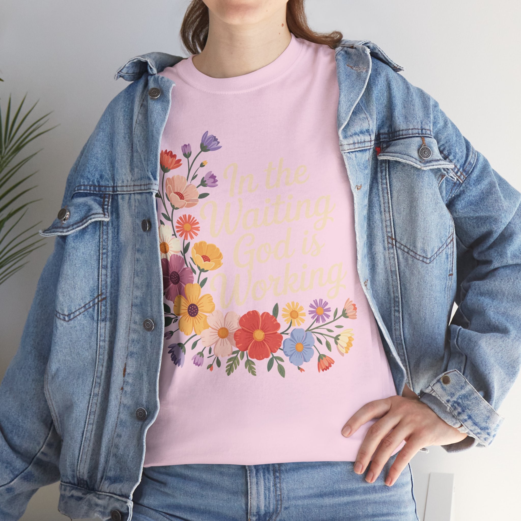 Pastel Floral “In the Waiting God Is Working” Unisex Cotton T-Shirt
