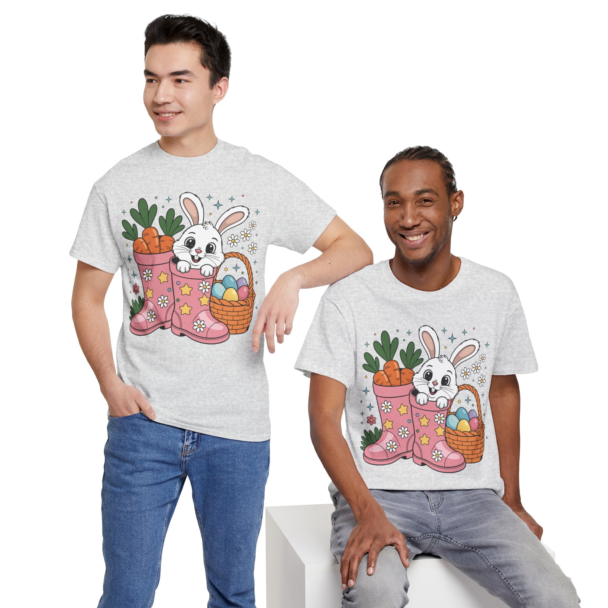 Easter Bunny in Pink Rain Boots T-Shirt — Cartoon Bunny, Carrots & Colorful Eggs Unisex Cotton Tee