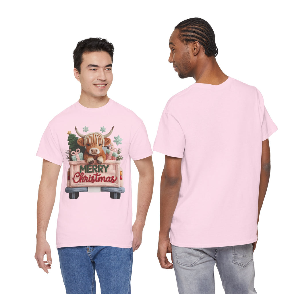 Merry Christmas Highland Cow Knit Truck Unisex Cotton T-Shirt