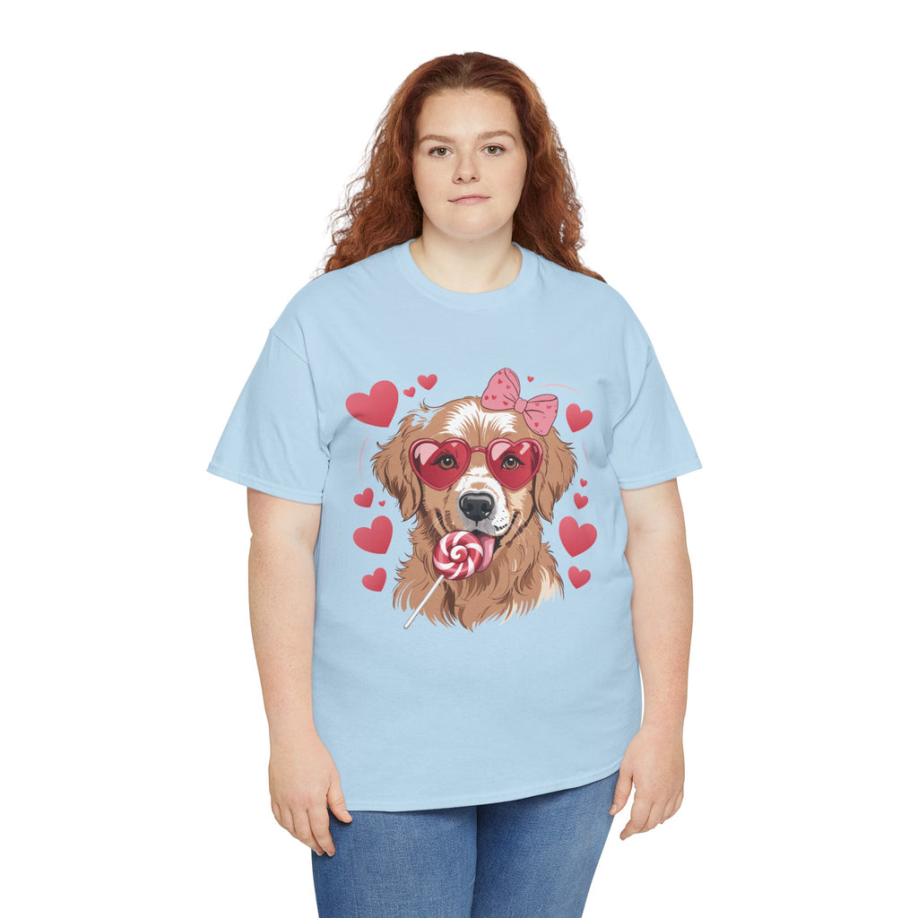 Valentine Dog T-Shirt — Cute Pup with Heart Glasses, Pink Bow & Lollipop..Unisex Cotton Tee