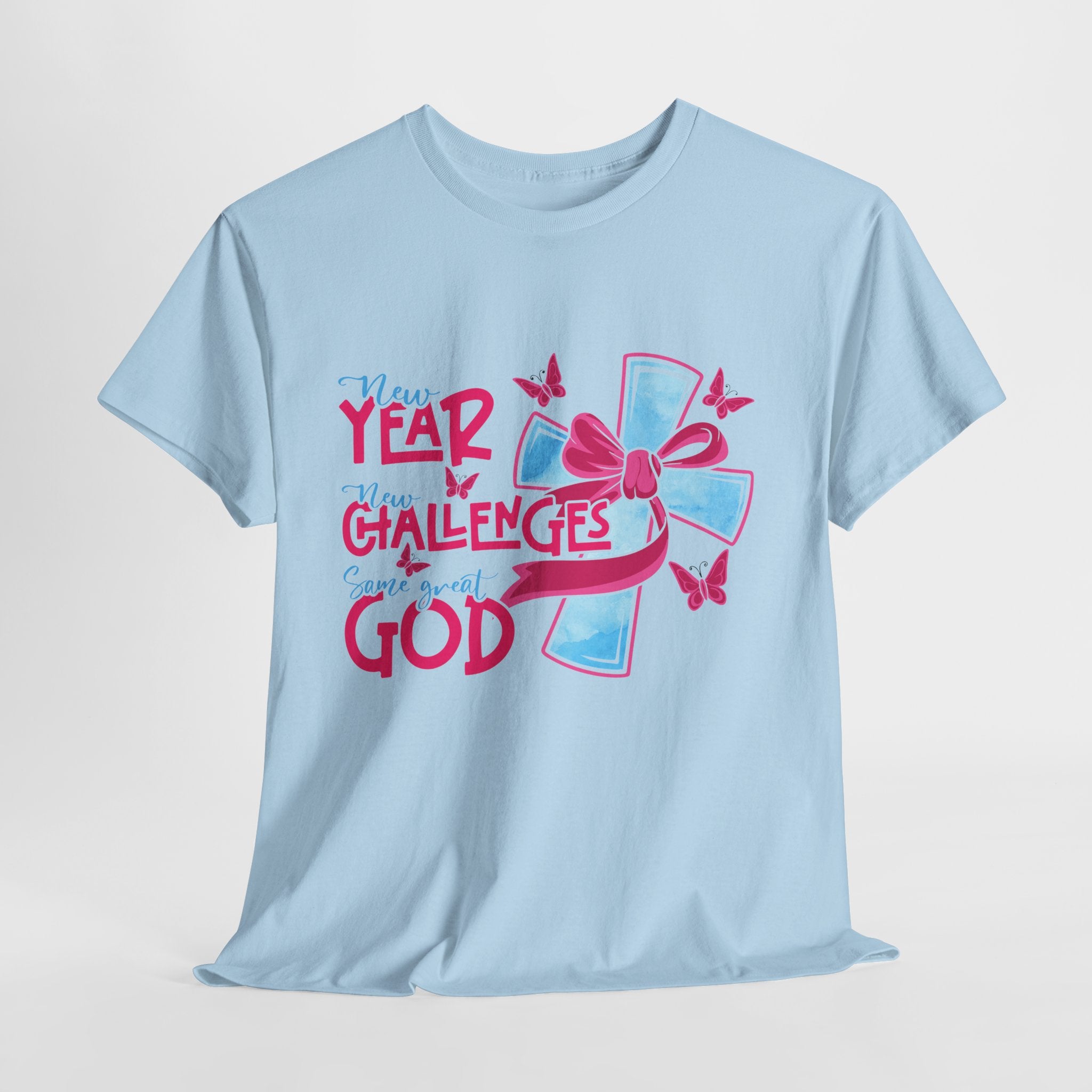 Christian T-Shirt — “New Year, New Challenges, Same Great God” with Pink Bow Cross & Butterflies. Unisex Cotton Tee