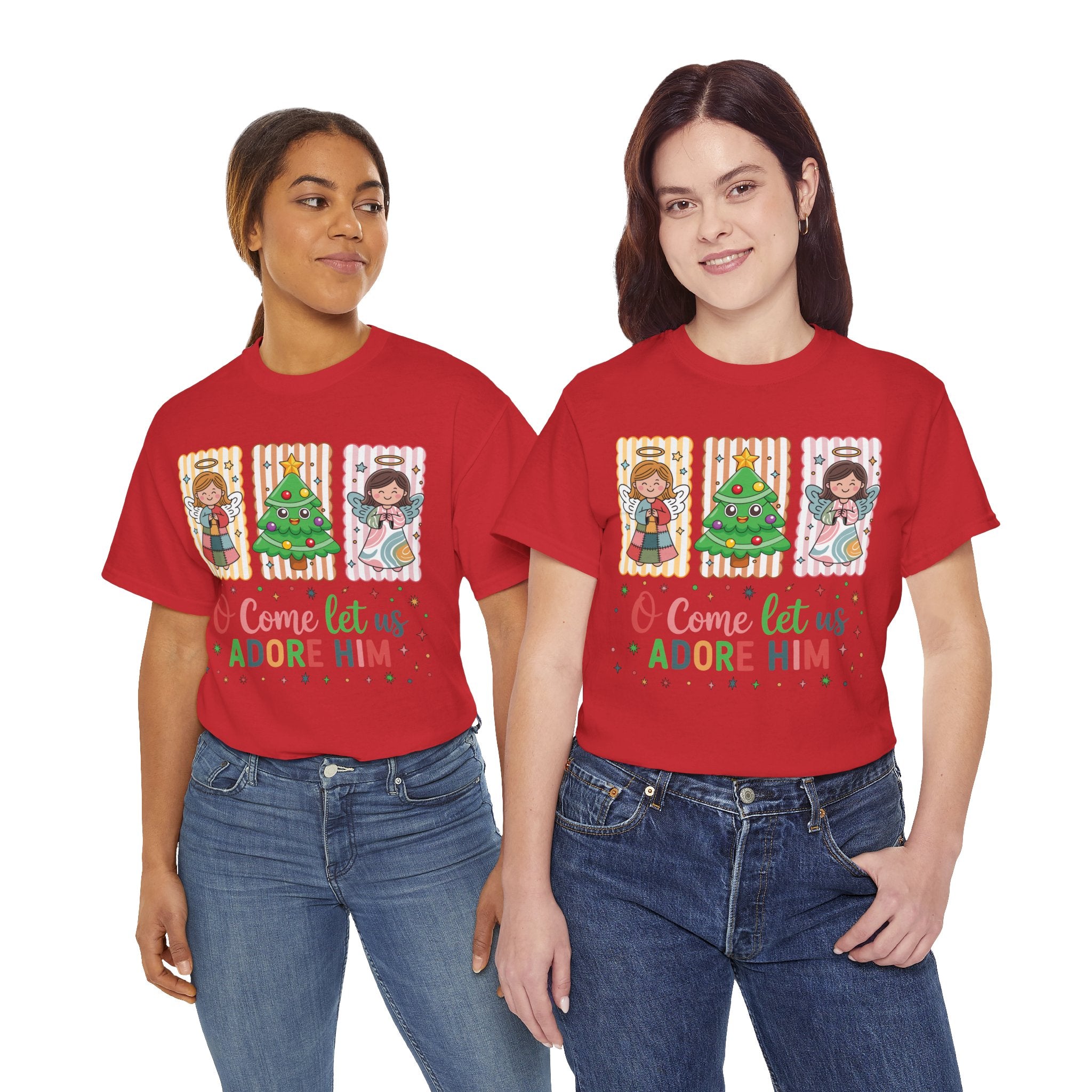 O Come Let Us Adore Him Christmas Tee — Smiling Angels & Happy Tree..Unisex Cotton Tee