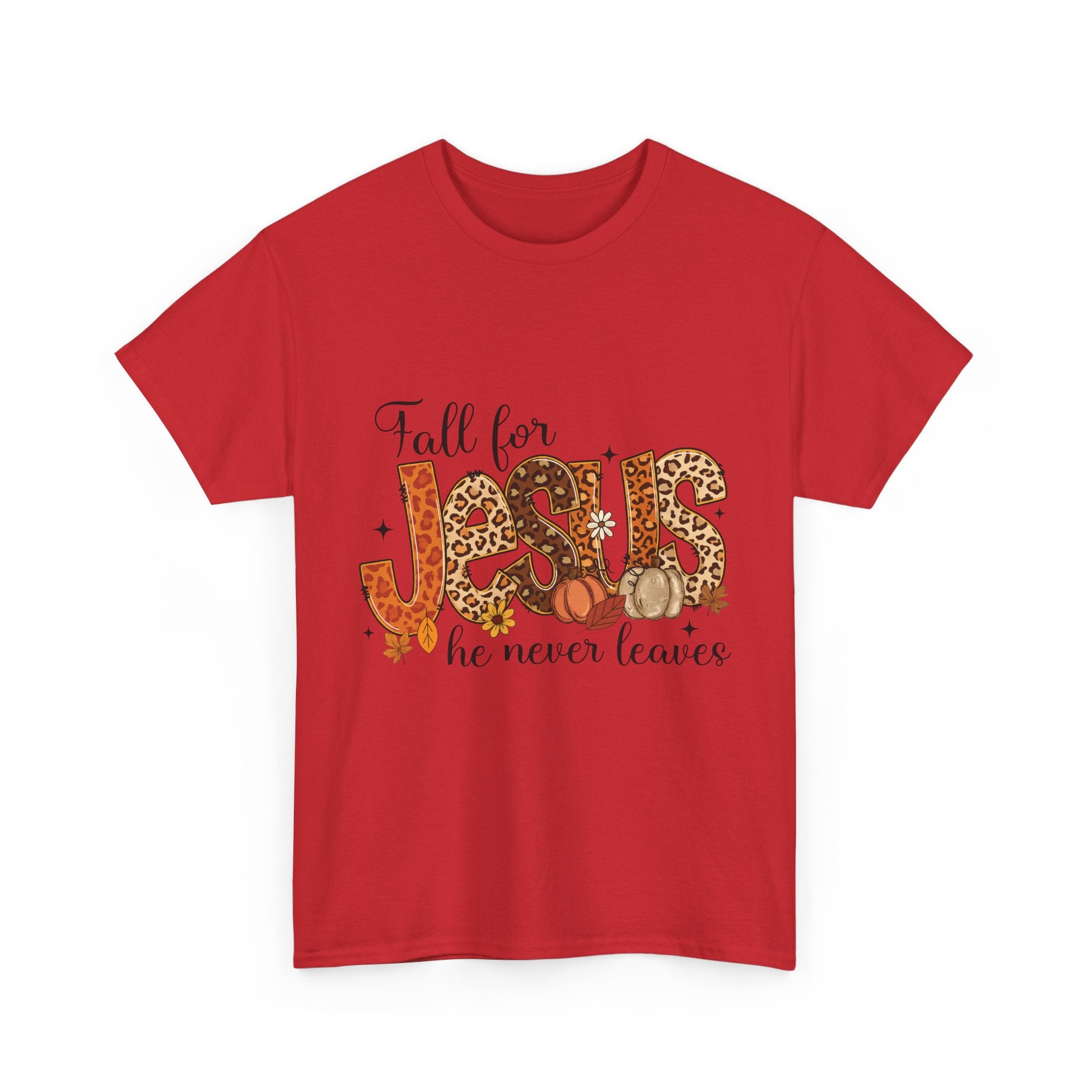 JESUS Leopard Print Fall T-Shirt — Pumpkins, Leaves & Floral Christian Unisex Cotton Tee