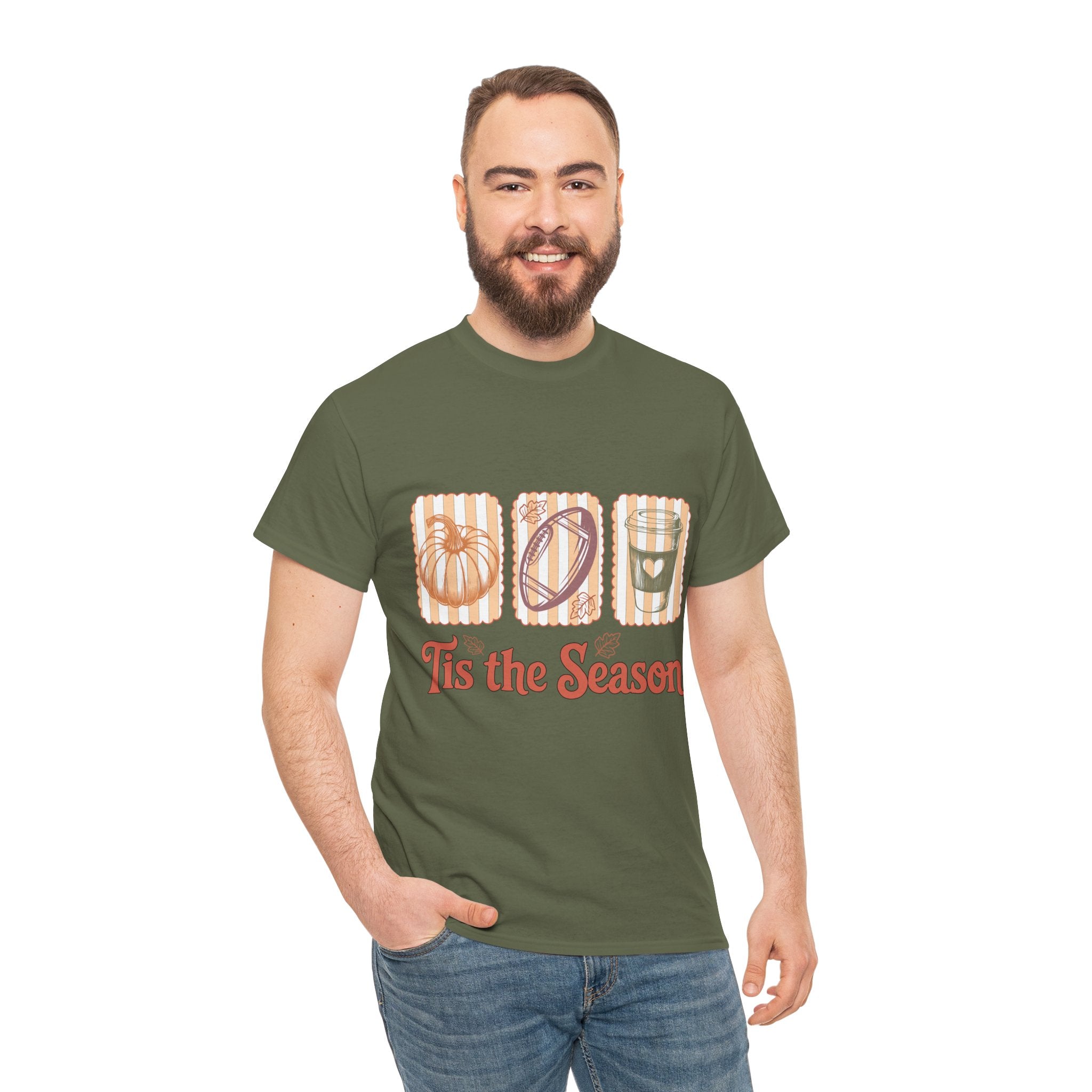 Tis the Season Pumpkin, Football & Coffee Fall Unisex Cotton T-Shirt
