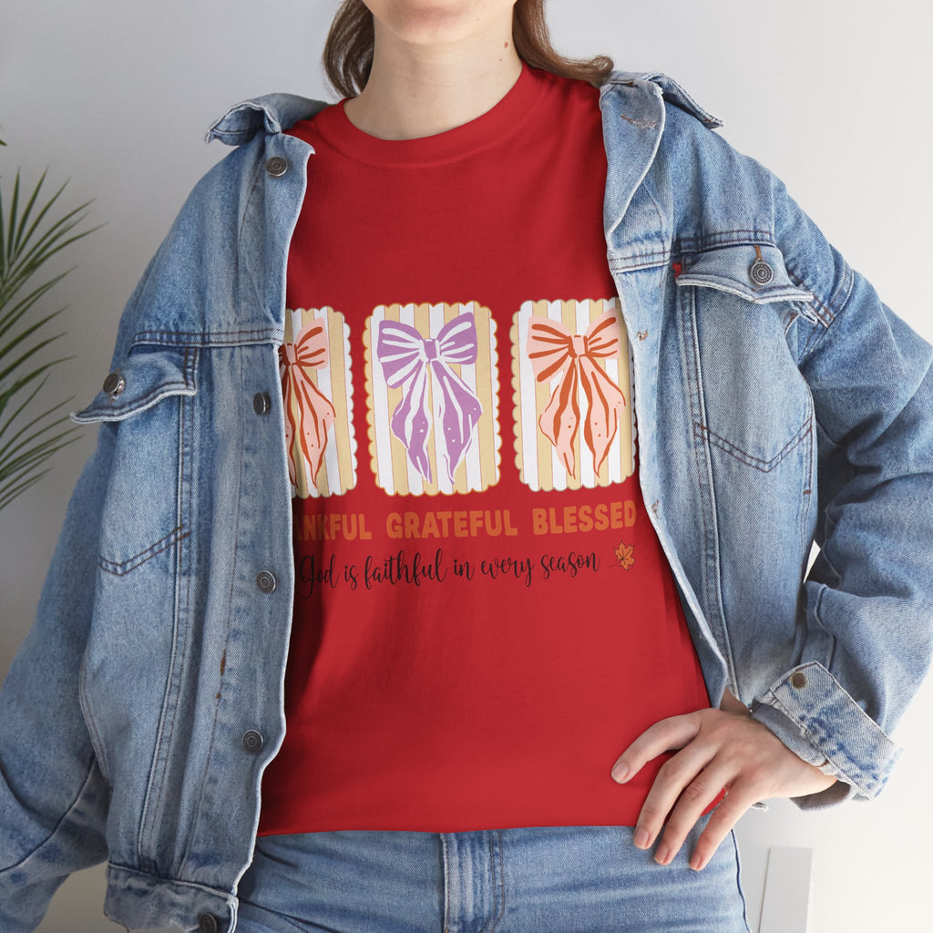 Thankful Grateful Blessed Fall Tee — God Is Faithful Pastel Bows..Unisex Cotton Tee
