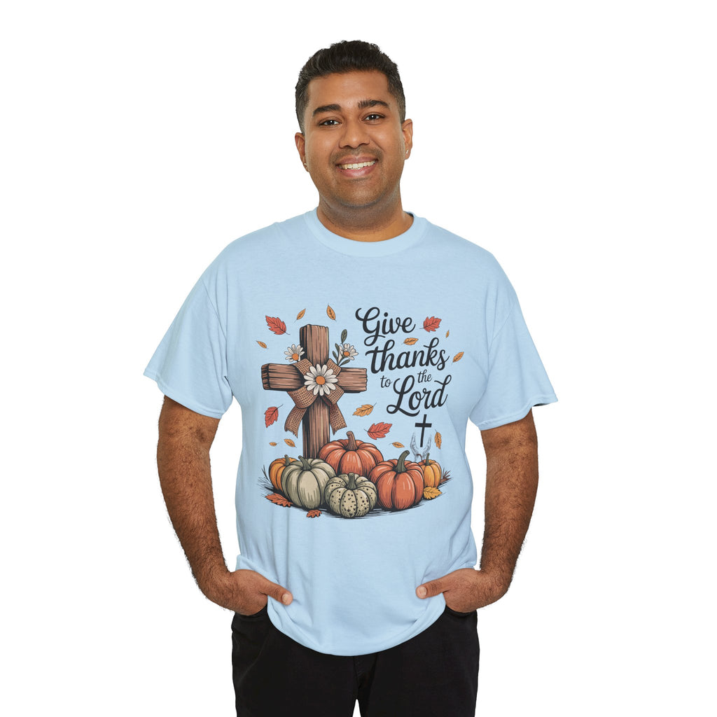 Give Thanks to the Lord Autumn Tee — Wooden Cross, Pumpkins & Daisies..Unisex Cotton Tee