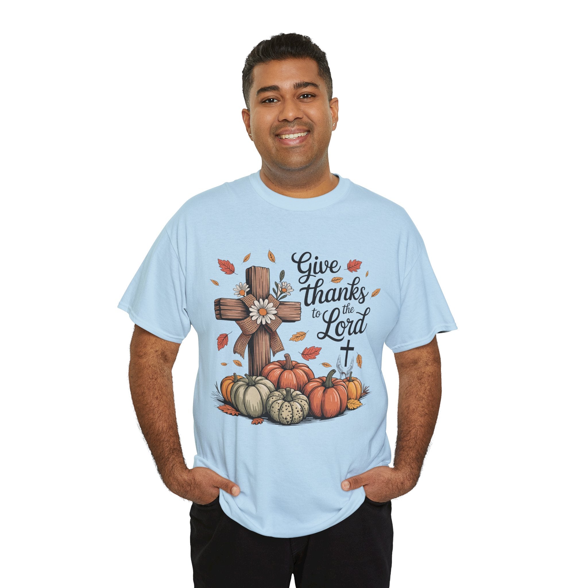 Give Thanks to the Lord Autumn Tee — Wooden Cross, Pumpkins & Daisies..Unisex Cotton Tee