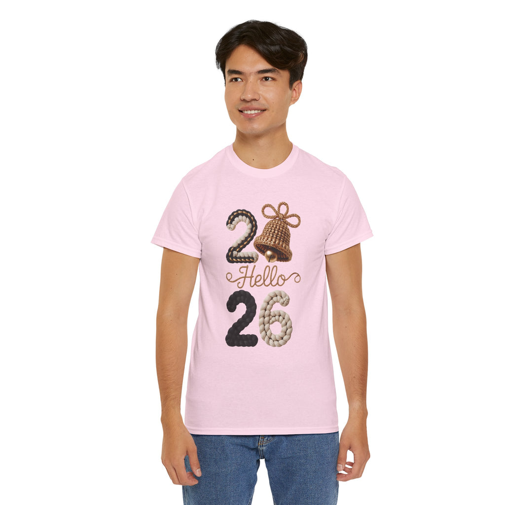 Hello 2026 Tee — Cozy Faux Yarn Braided Numbers with Woven Golden Bell..Unisex Cotton Tee