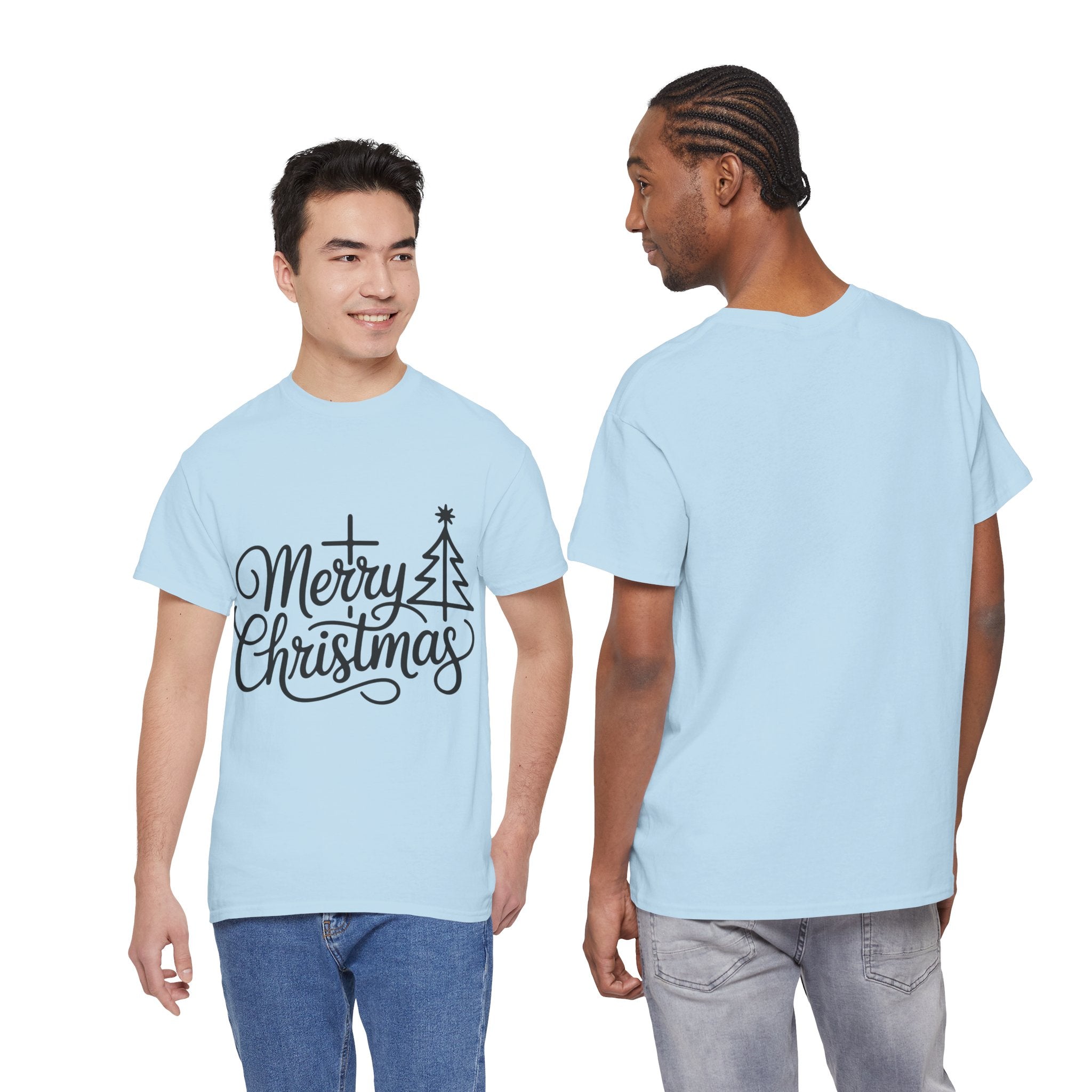 Merry Christmas Script T-Shirt with Cross & Tree(Unisex Cotton Tee)