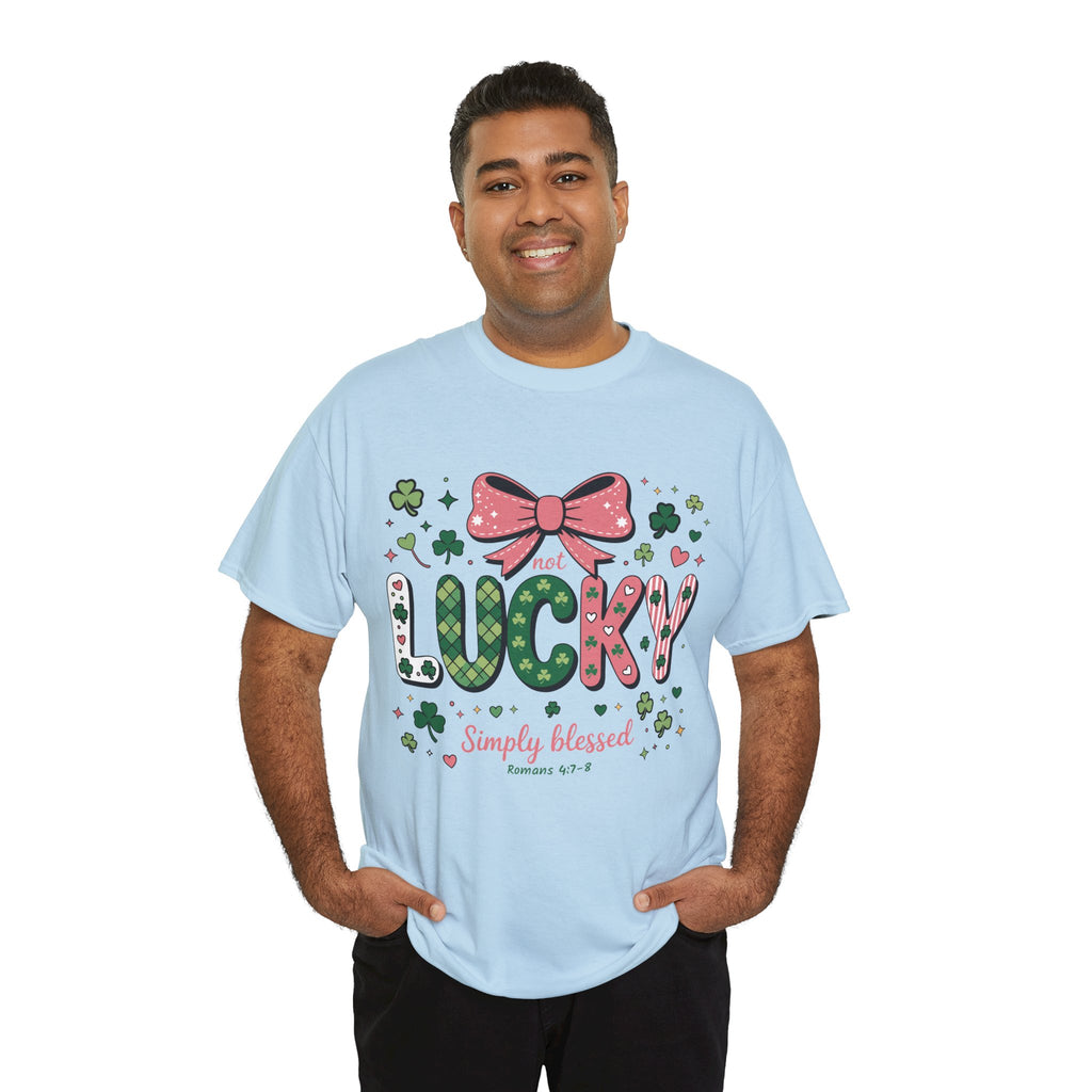 Simply Blessed Tee — “Not Lucky, Simply Blessed” with Pastel Bow, Clovers & Romans 4:7-8 Unisex Cotton Tee