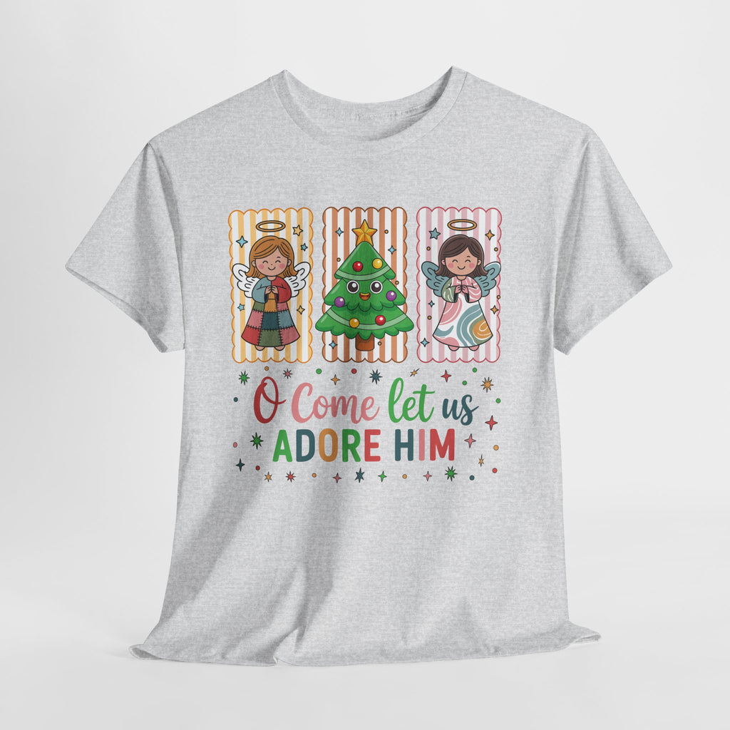 O Come Let Us Adore Him Christmas Tee — Smiling Angels & Happy Tree..Unisex Cotton Tee