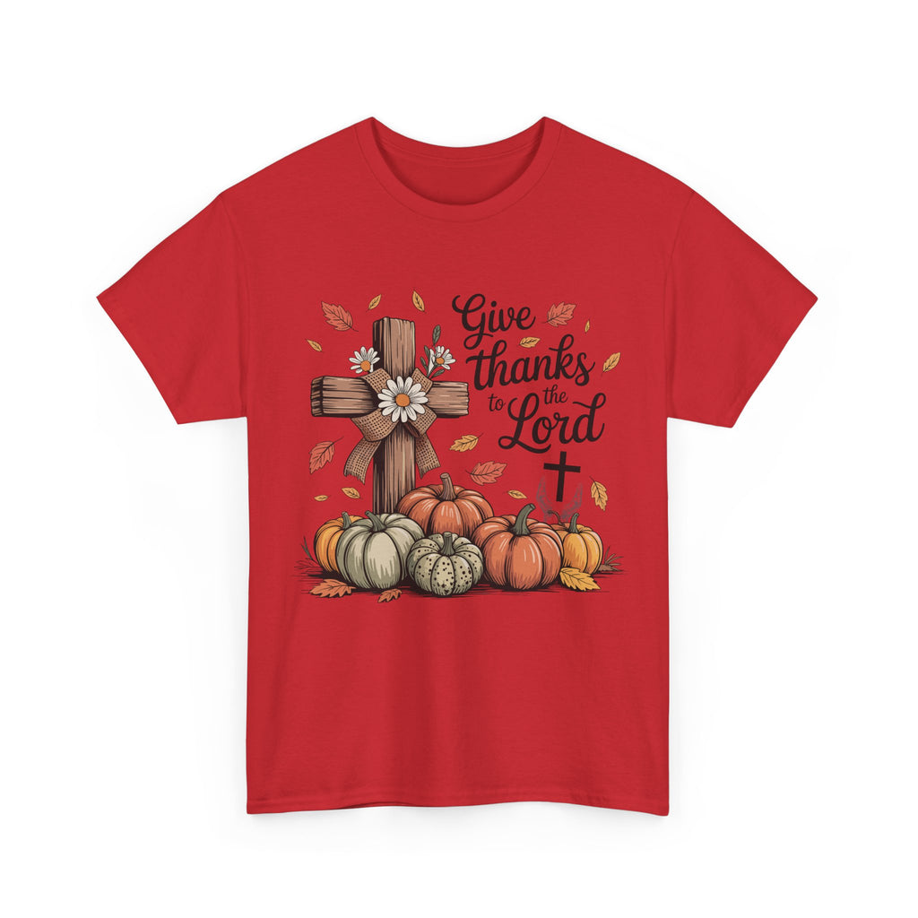 Give Thanks to the Lord Autumn Tee — Wooden Cross, Pumpkins & Daisies..Unisex Cotton Tee