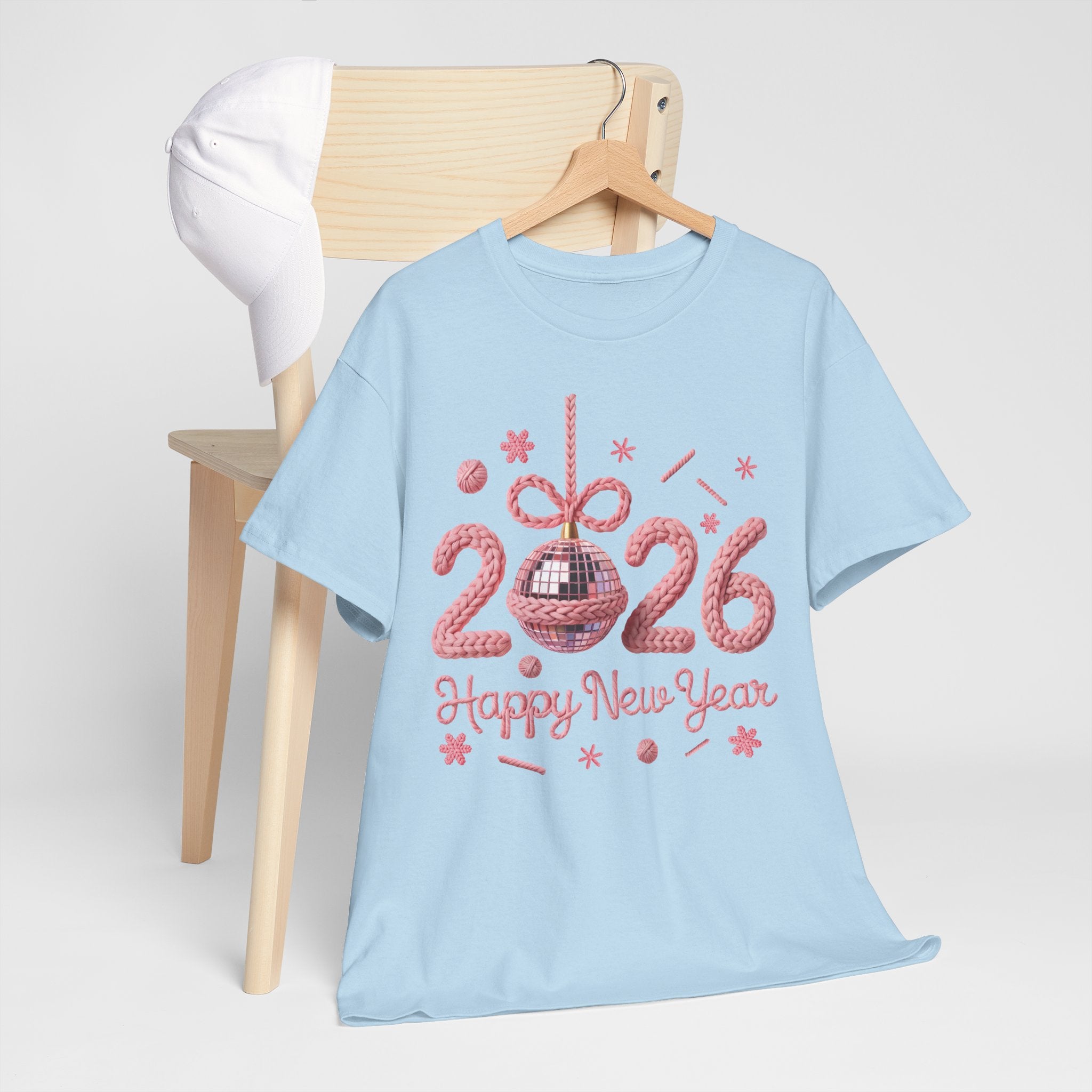 2026 Happy New Year Pink Knitted Disco Ball Unisex Cotton Tee