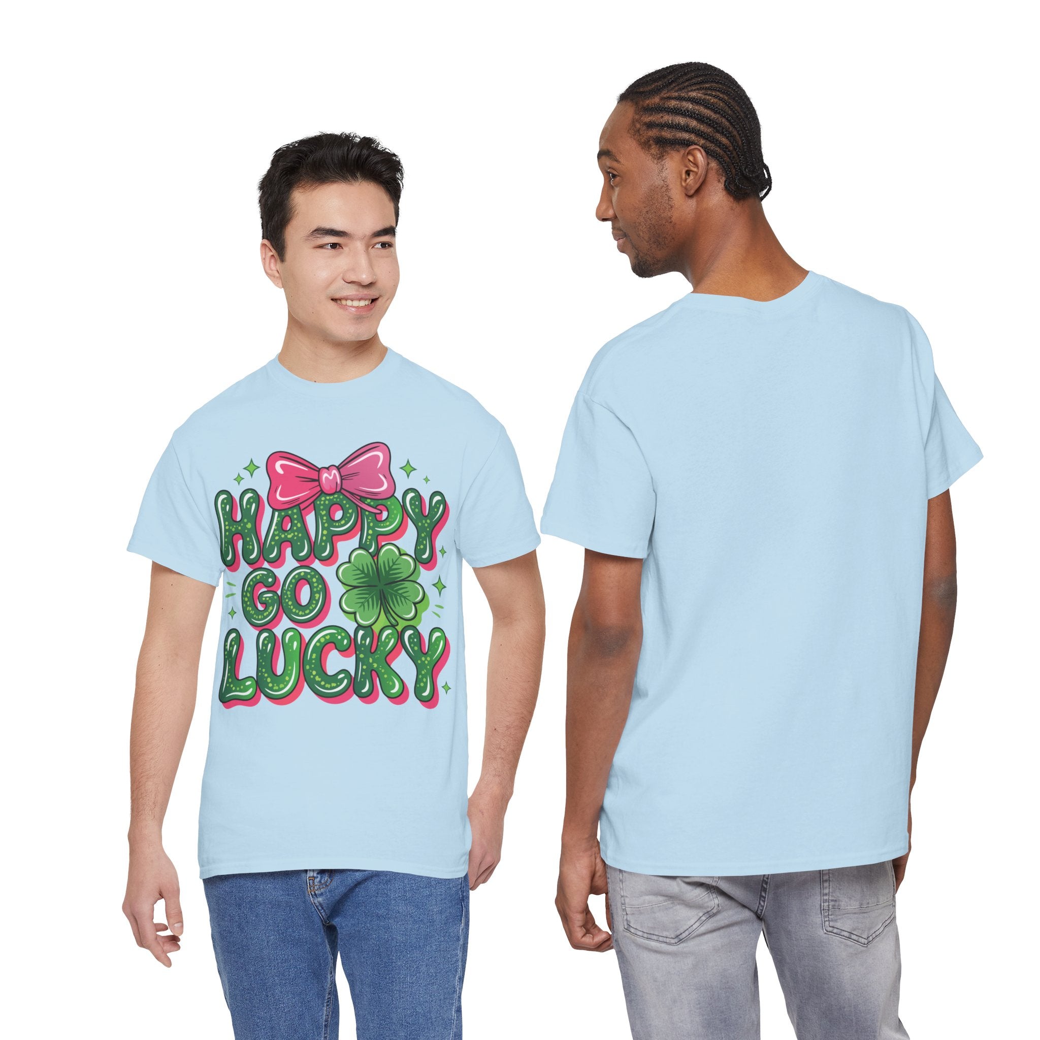 Happy Go Lucky Four-Leaf Clover Tee — Glossy Green Letters & Pink Bow Unisex Cotton Tee