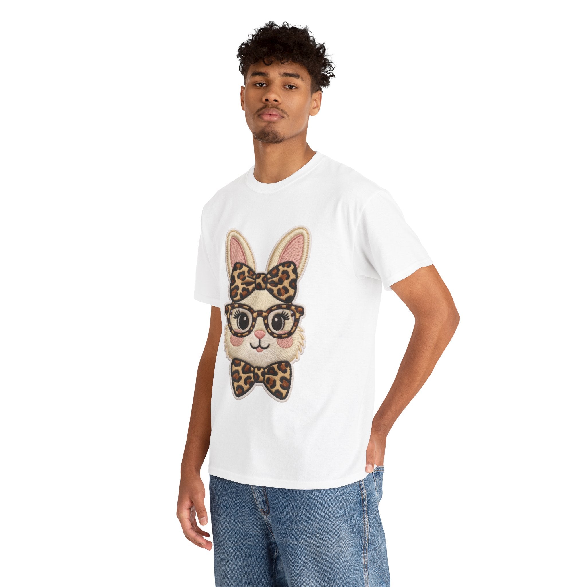 Leopard Bow Bunny Embroidered Tee — Cute Bunny Face with Glasses Patch Unisex Cotton Tee