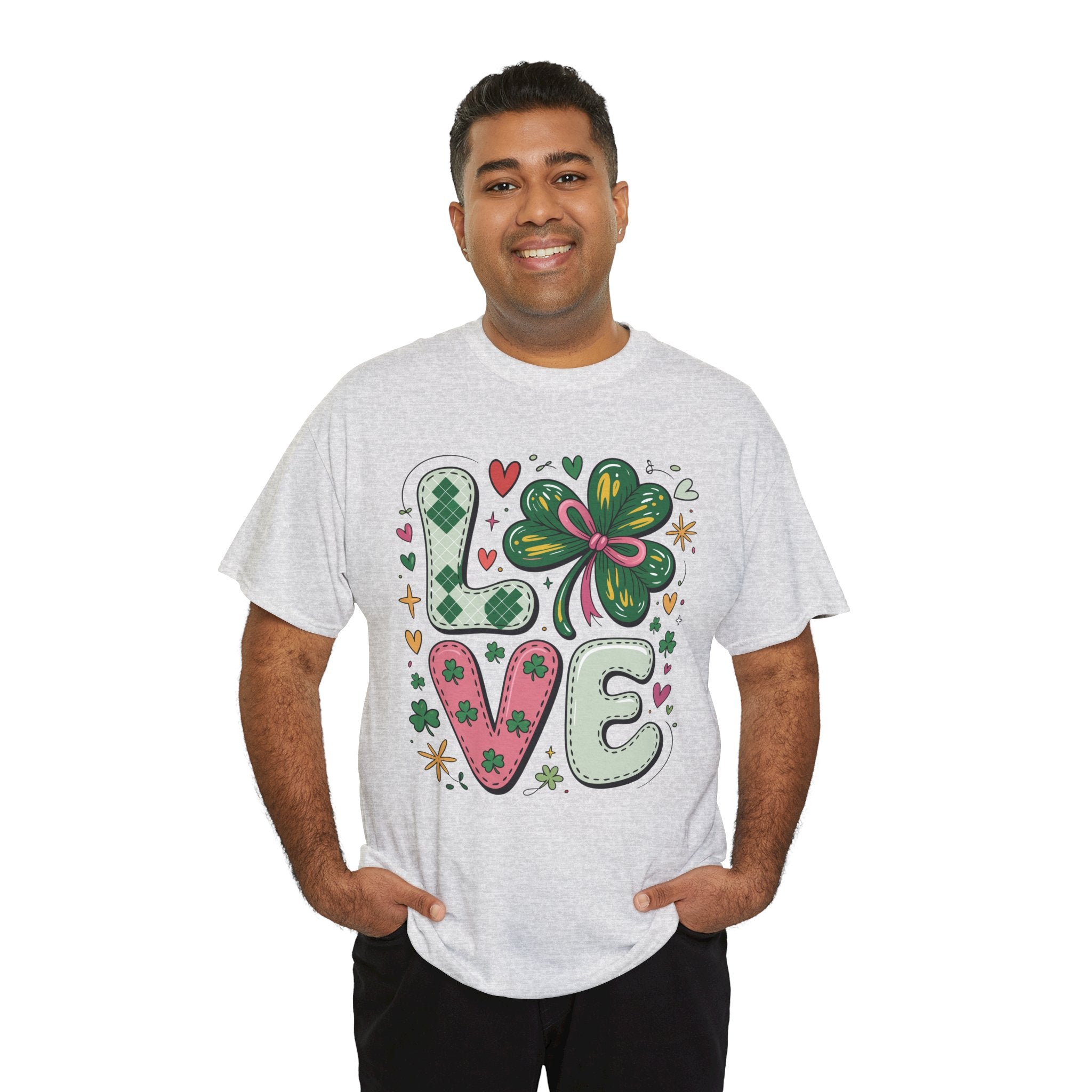 Stitched Clover 'LOVE' Tee — Heart & Patchwork St. Patrick's Unisex Cotton T-Shirt
