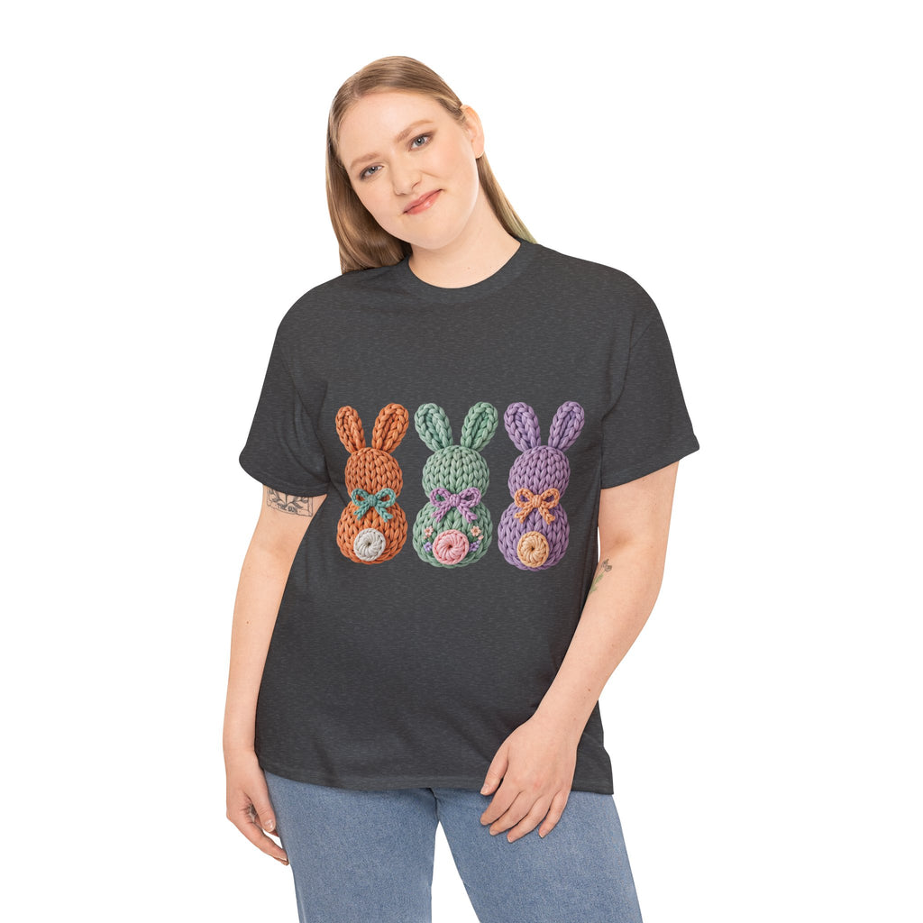 Pastel Crochet Bunny Tee — Trio of Faux Knit Bunnies with Bows & Flowers Unisex Cotton Tee