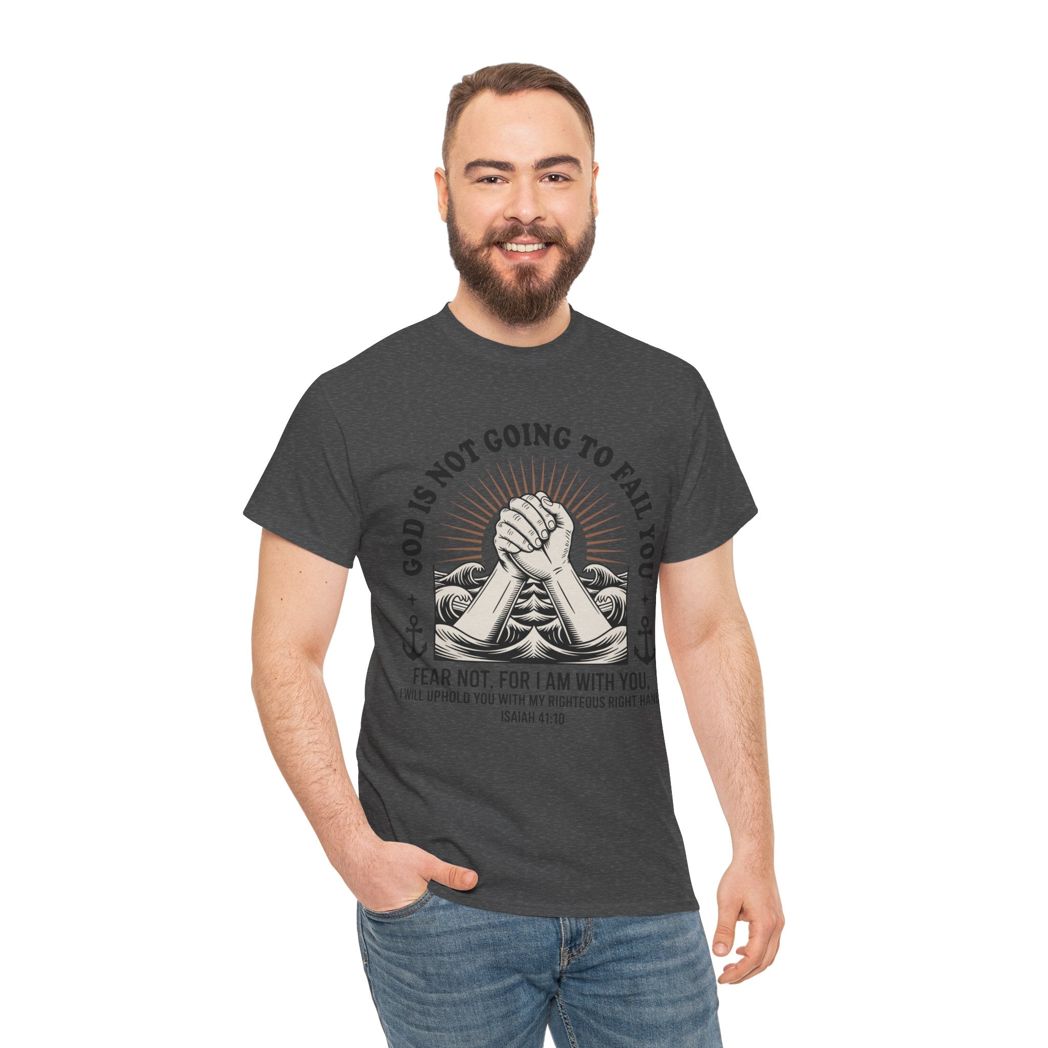 Isaiah 41:10 "Fear Not, For I Am With You" T-Shirt — Clasped Hands Rising from Waves Christian Unisex Cotton Tee