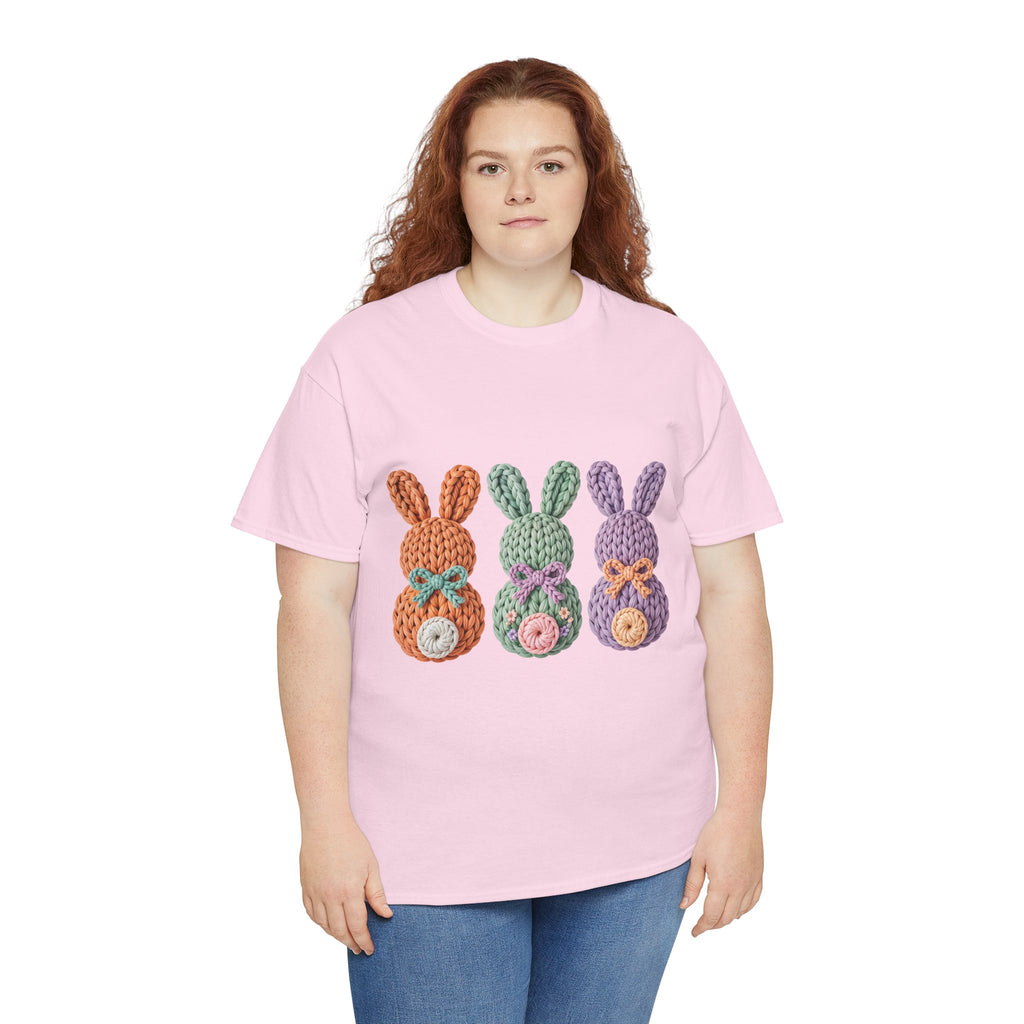 Pastel Crochet Bunny Tee — Trio of Faux Knit Bunnies with Bows & Flowers Unisex Cotton Tee