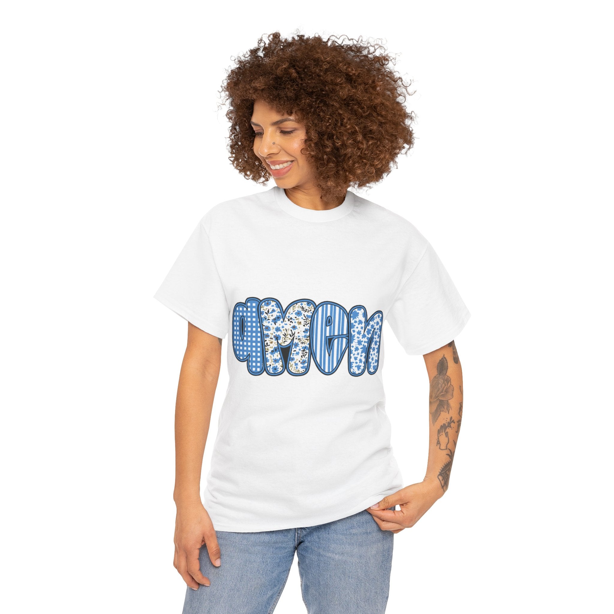 Amen Blue Floral Tee — Decorative Floral Lettering Christian Shirt Unisex Cotton Tee