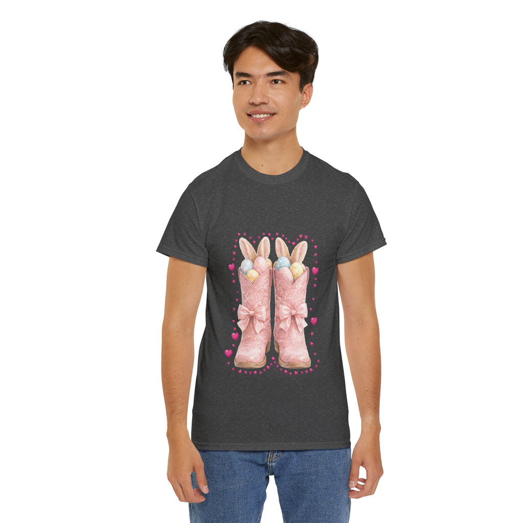 Easter Pink Western Boots Tee — Pastel Bunny Eggs & Bows Unisex Cotton Tee