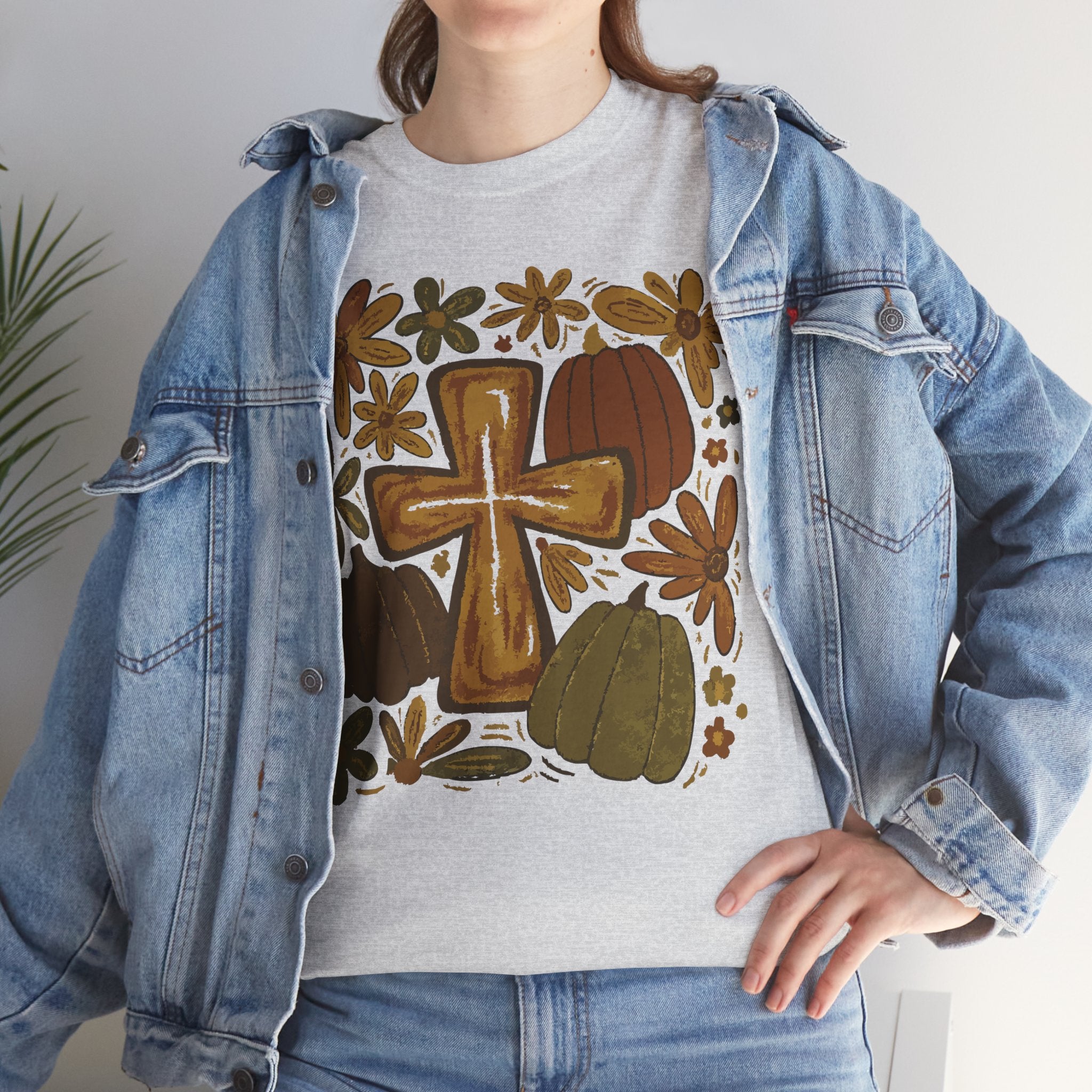 Autumn Cross Tee — Rustic Pumpkin & Fall Floral Christian Unisaex Cotton T-Shirt