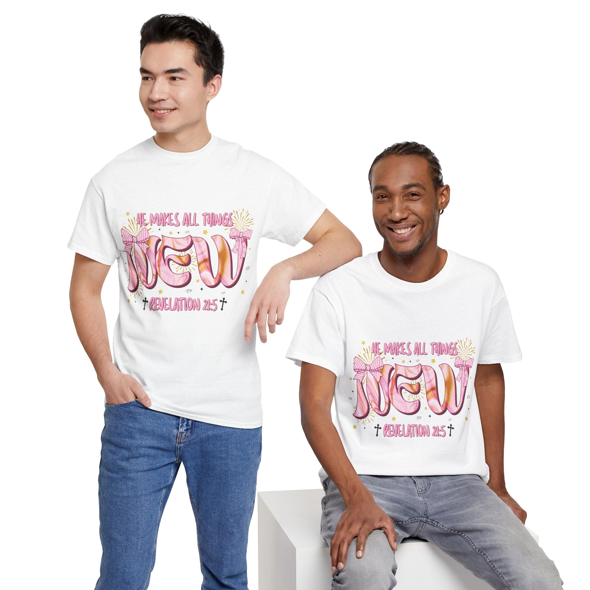 Christian Marble Tee — “He Makes All Things New” (Revelation 21:5)... Unisex Cotton Tee