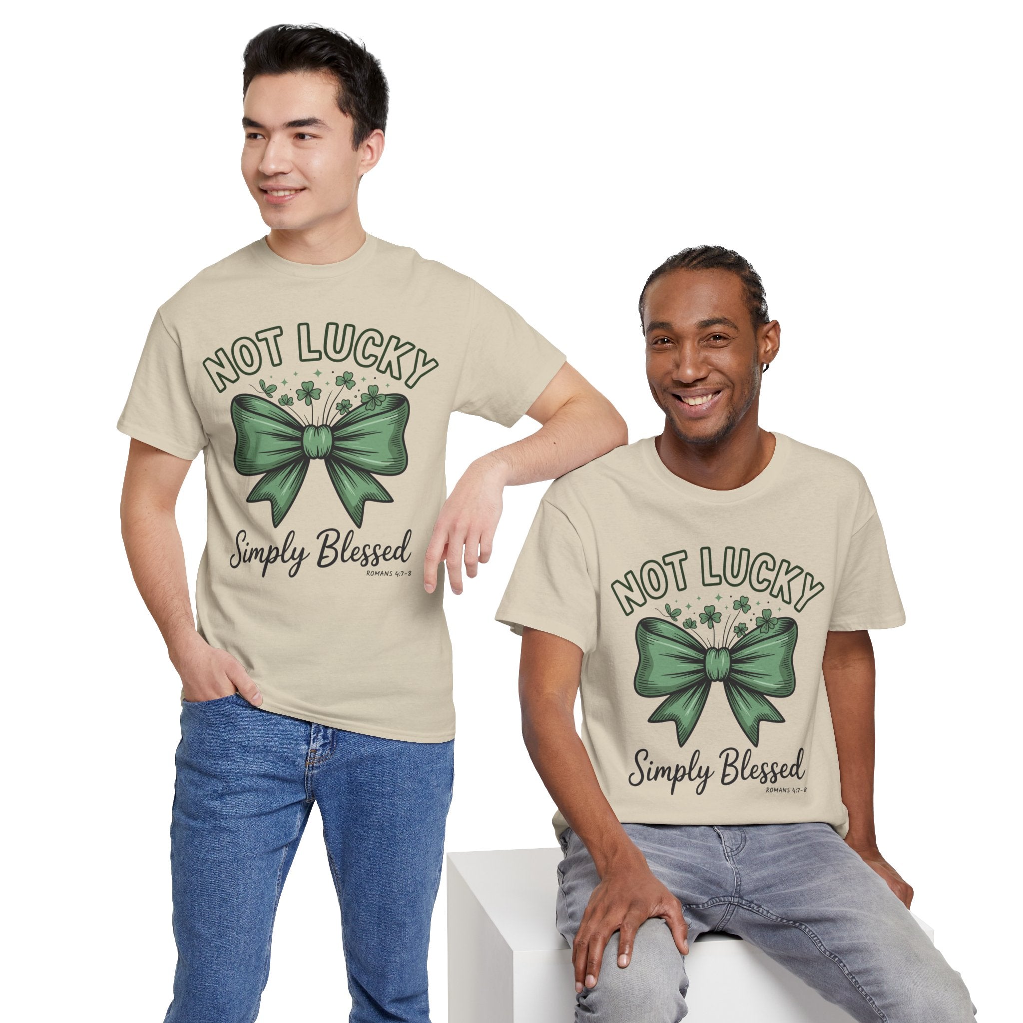 Not Lucky, Simply Blessed T-Shirt — Green Bow & Clovers St. Patrick’s Unisex Cotton Tee