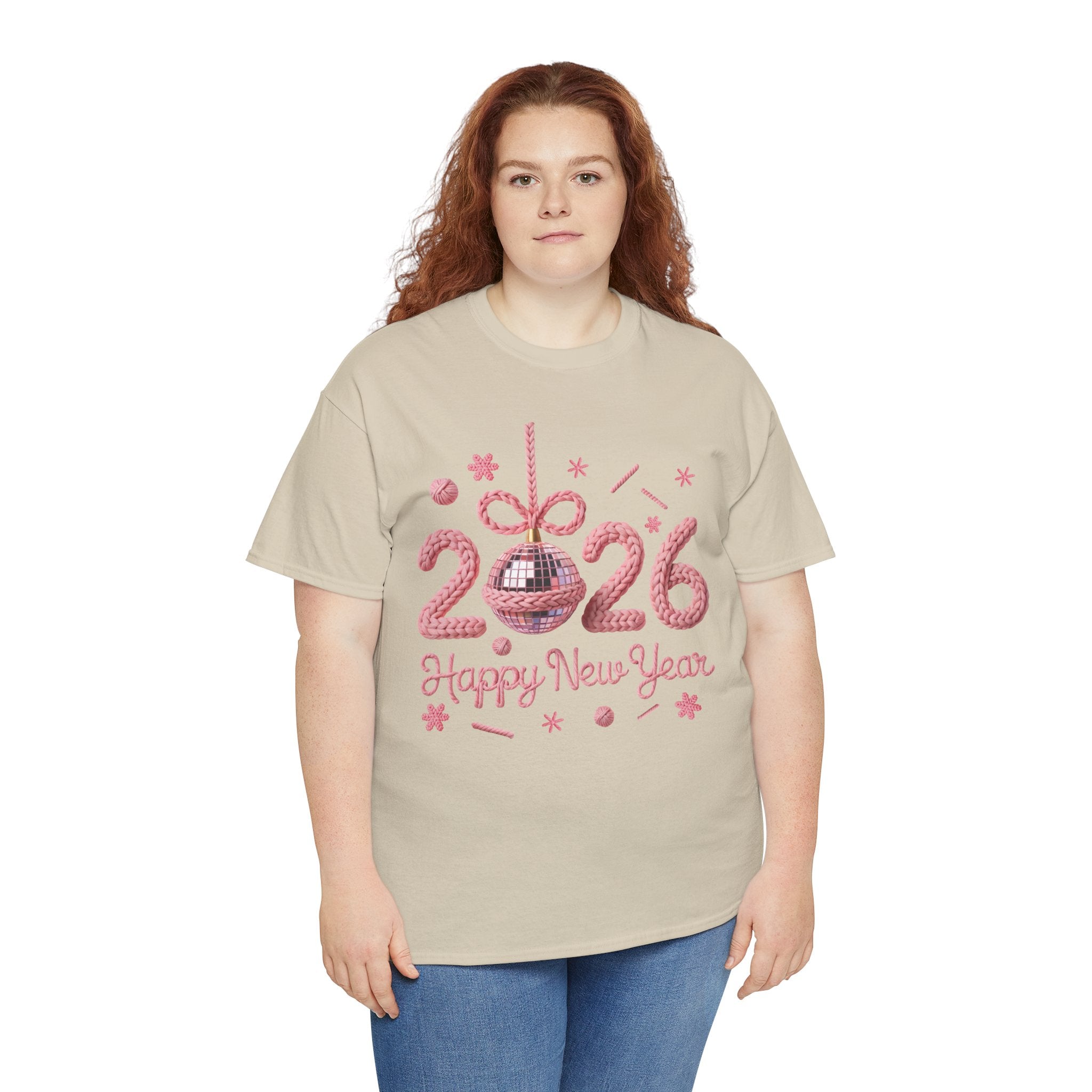 2026 Happy New Year Pink Knitted Disco Ball Unisex Cotton Tee