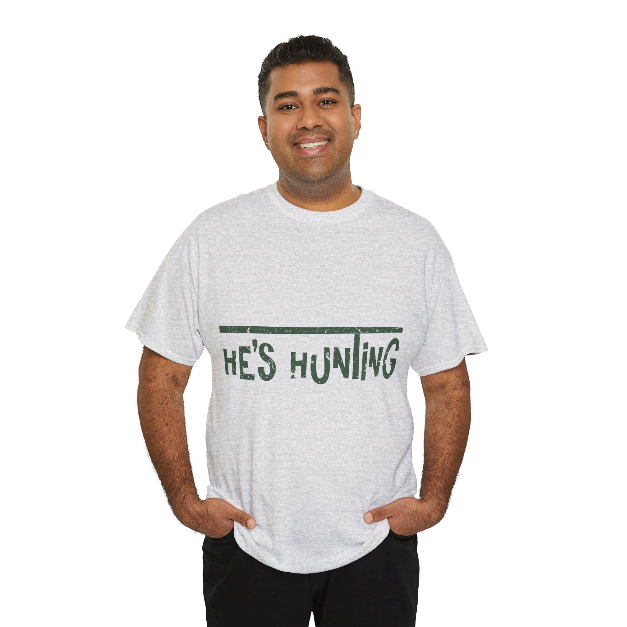 He’s Hunting Distressed Tee — Minimalist Tan Hunting Unisex Cotton Tshirt