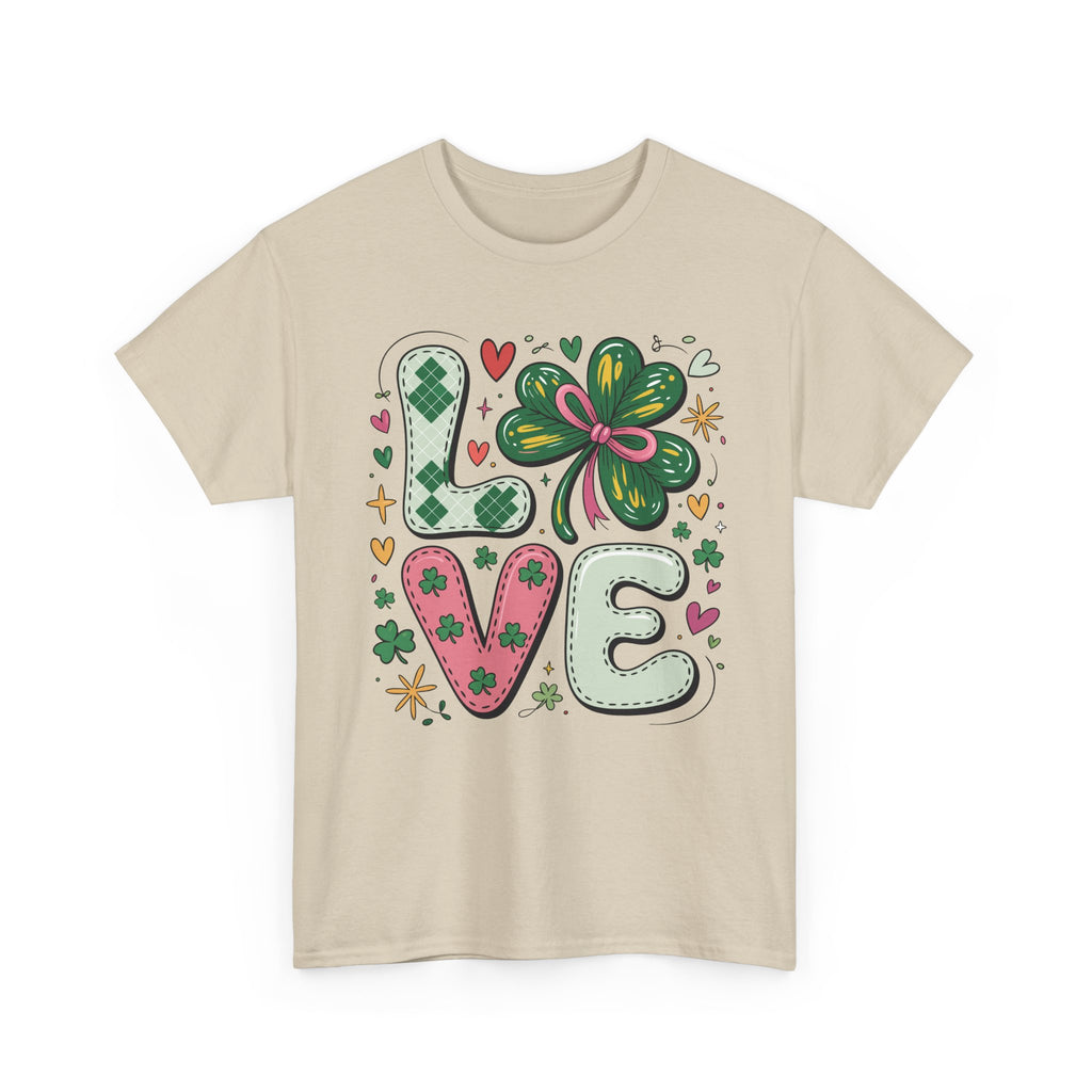 Stitched Clover 'LOVE' Tee — Heart & Patchwork St. Patrick's Unisex Cotton T-Shirt